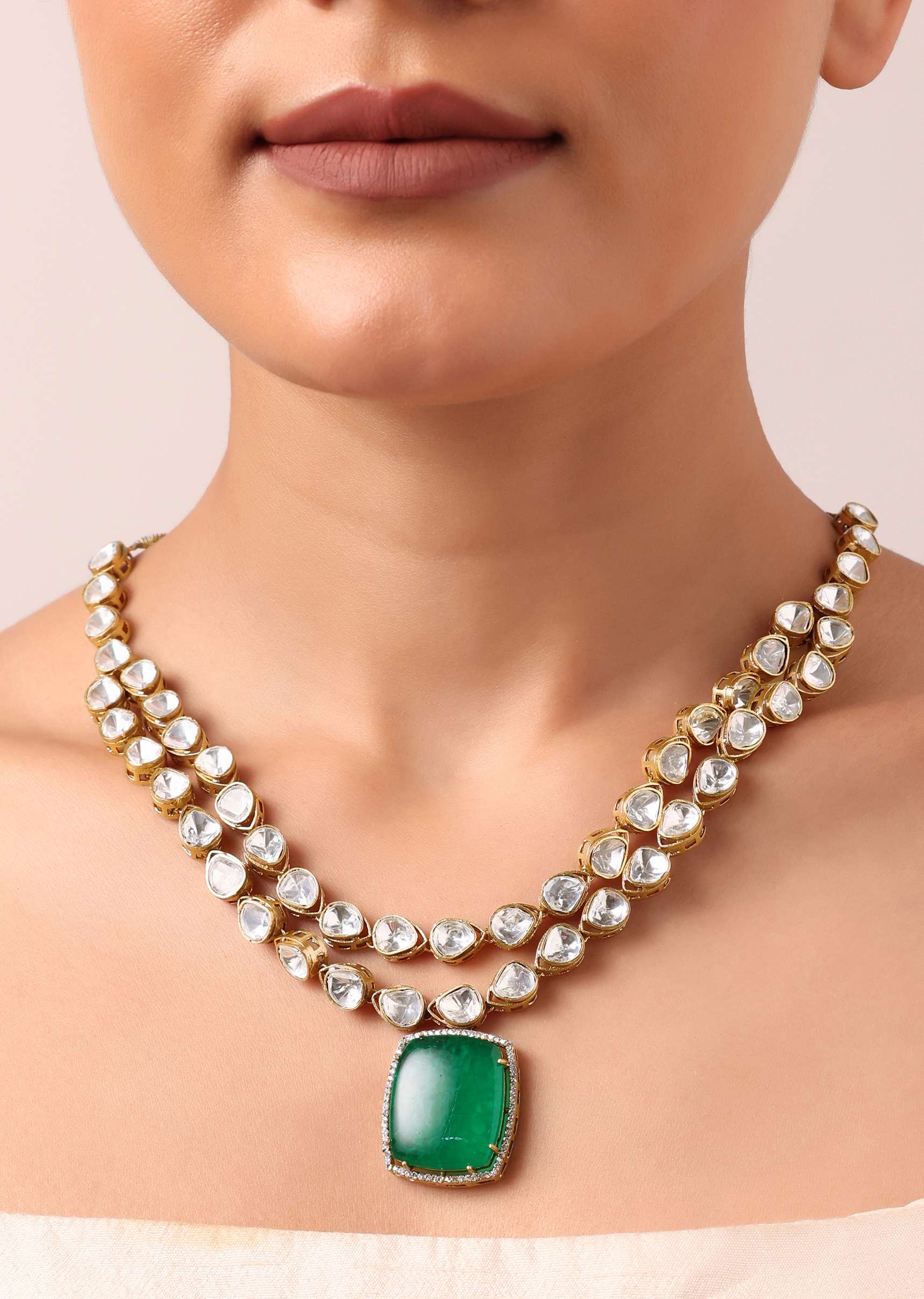 Gold Multicolor Geometric Kundan Pendant Necklace Set - Image 4