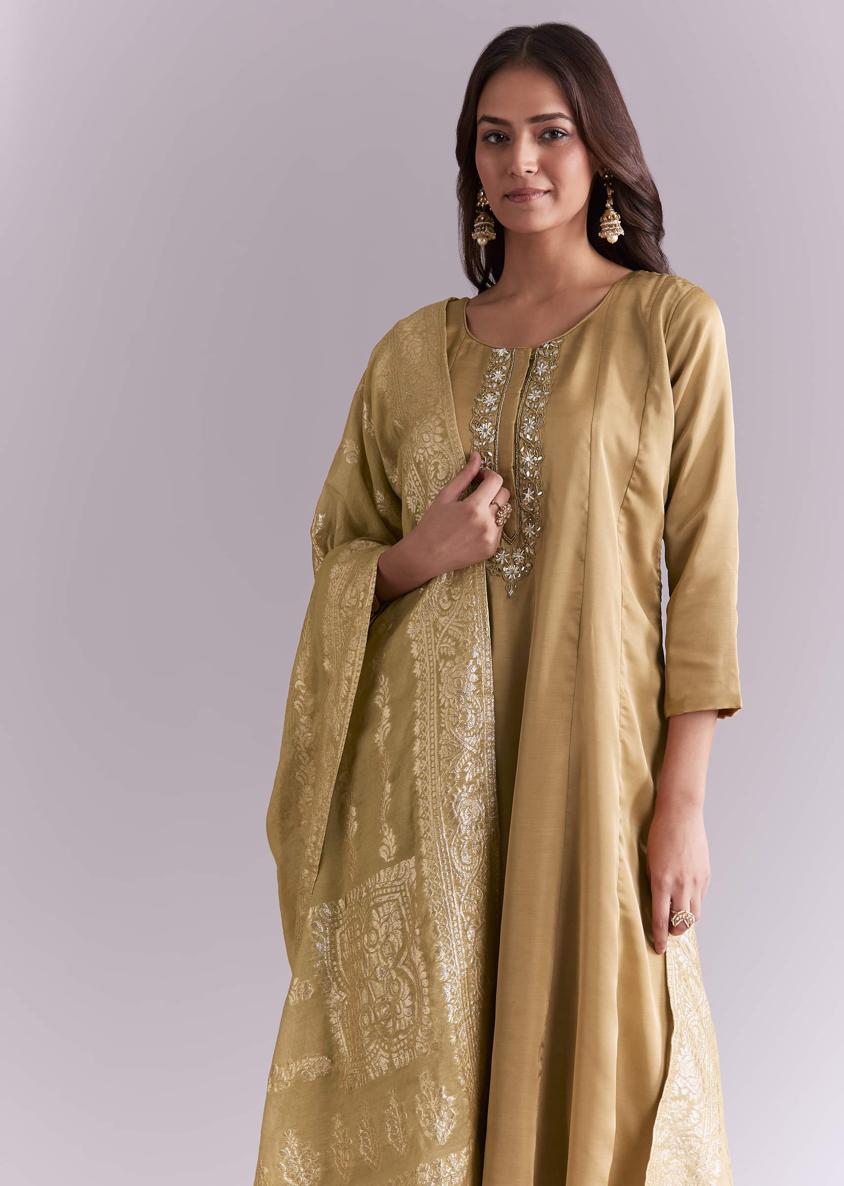 Gold Muslin Anarkali Suit With Mirror And Moti Embroidery - Image 4