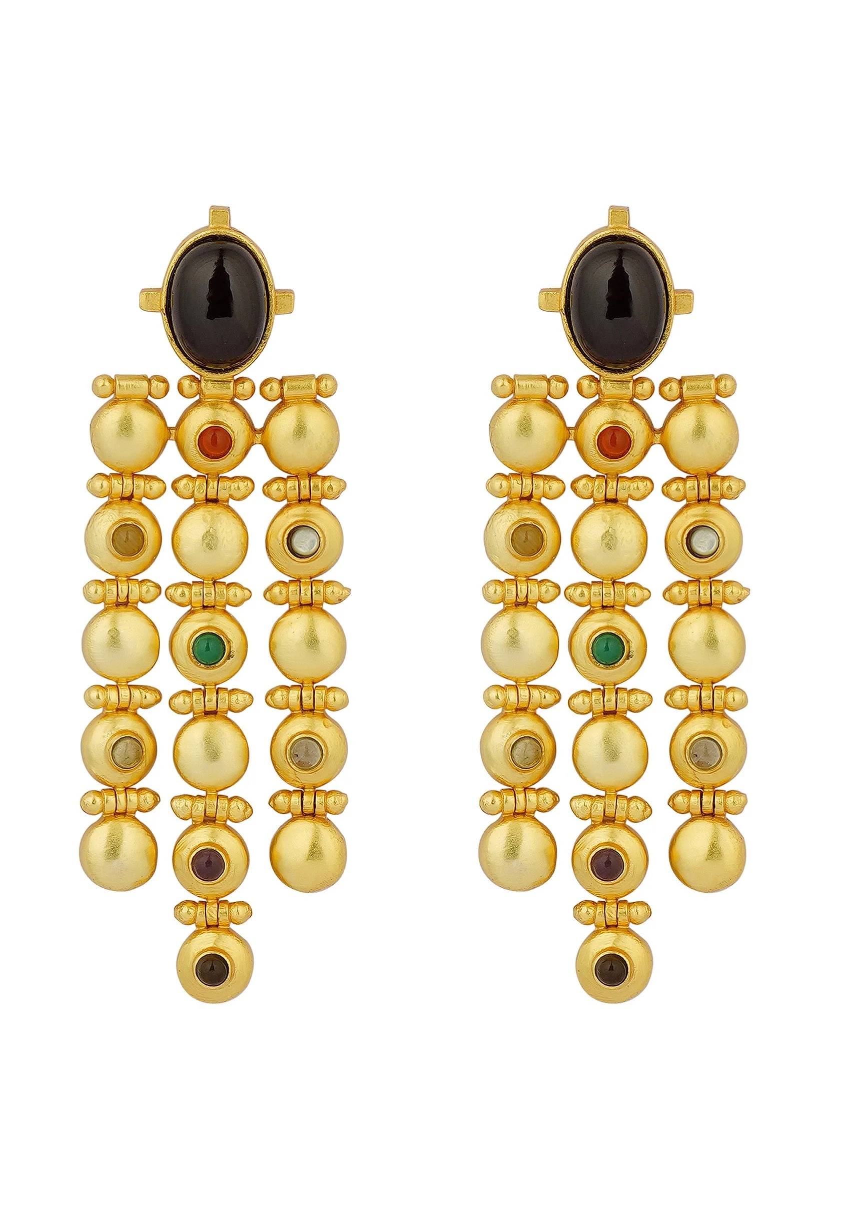 Gold Navratna Statement Earrings With Drops - Image 2