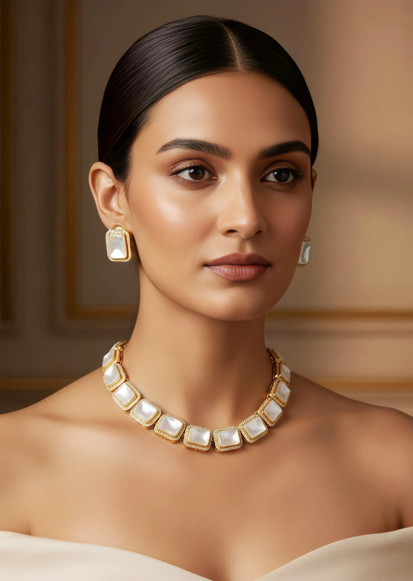 Gold Necklace Set With Refined Kundan Detail