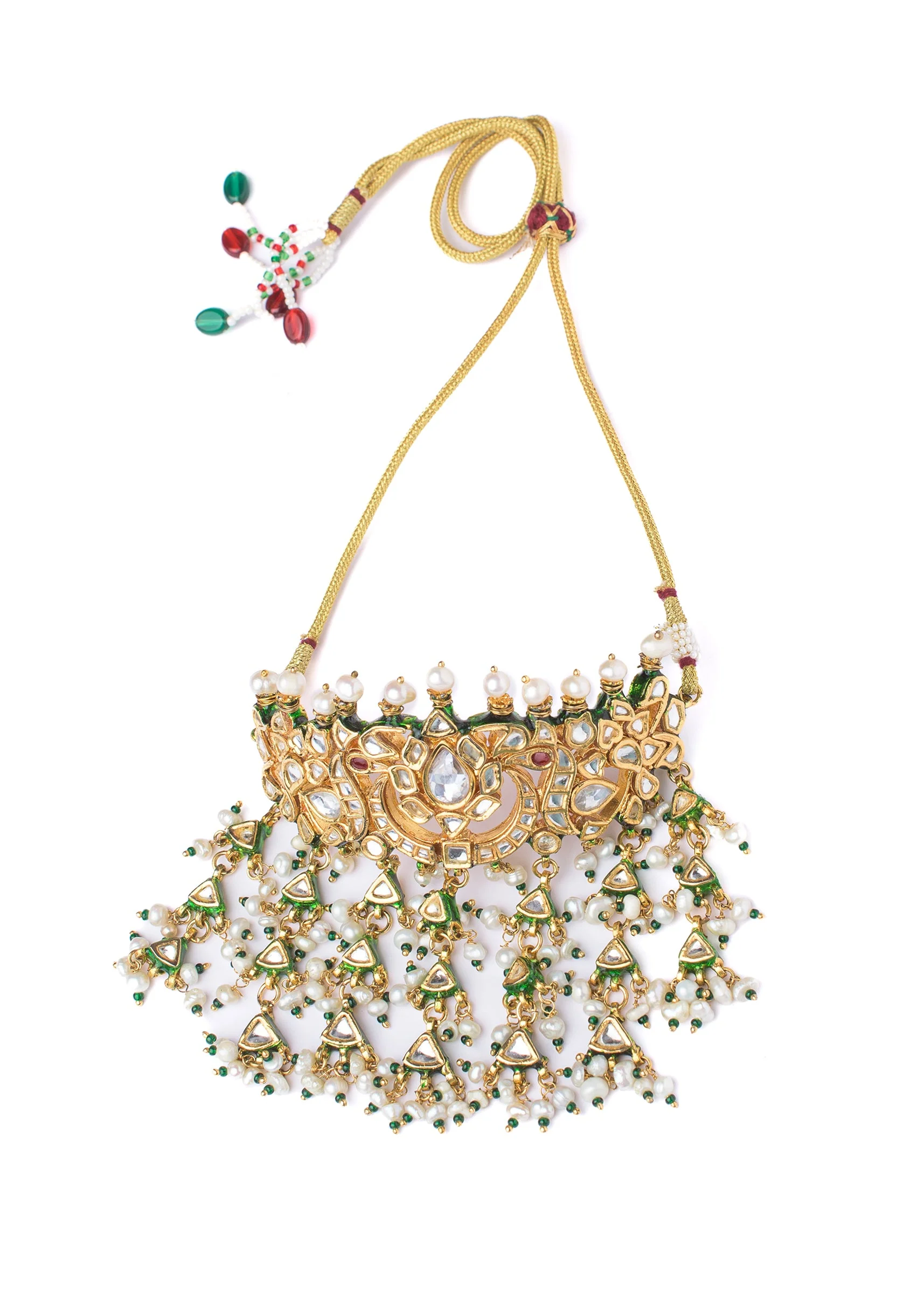 Gold Necklace Set With Stones And Pearl Tassels - Image 3