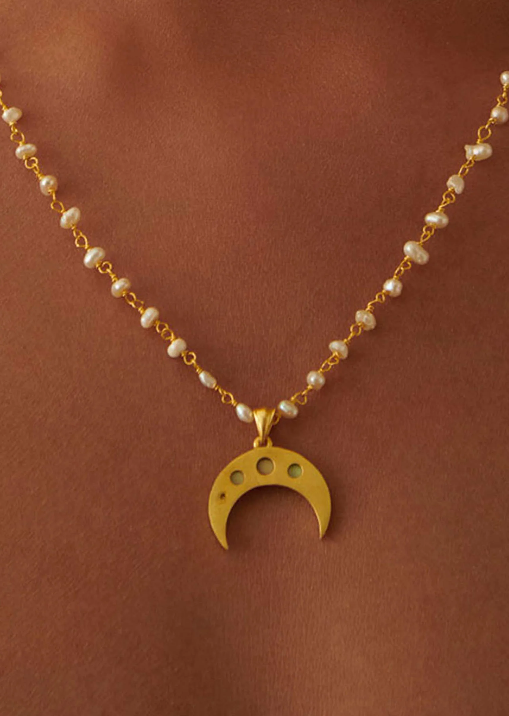 Gold Necklace With Crescent Pendant And Pearl Chain
