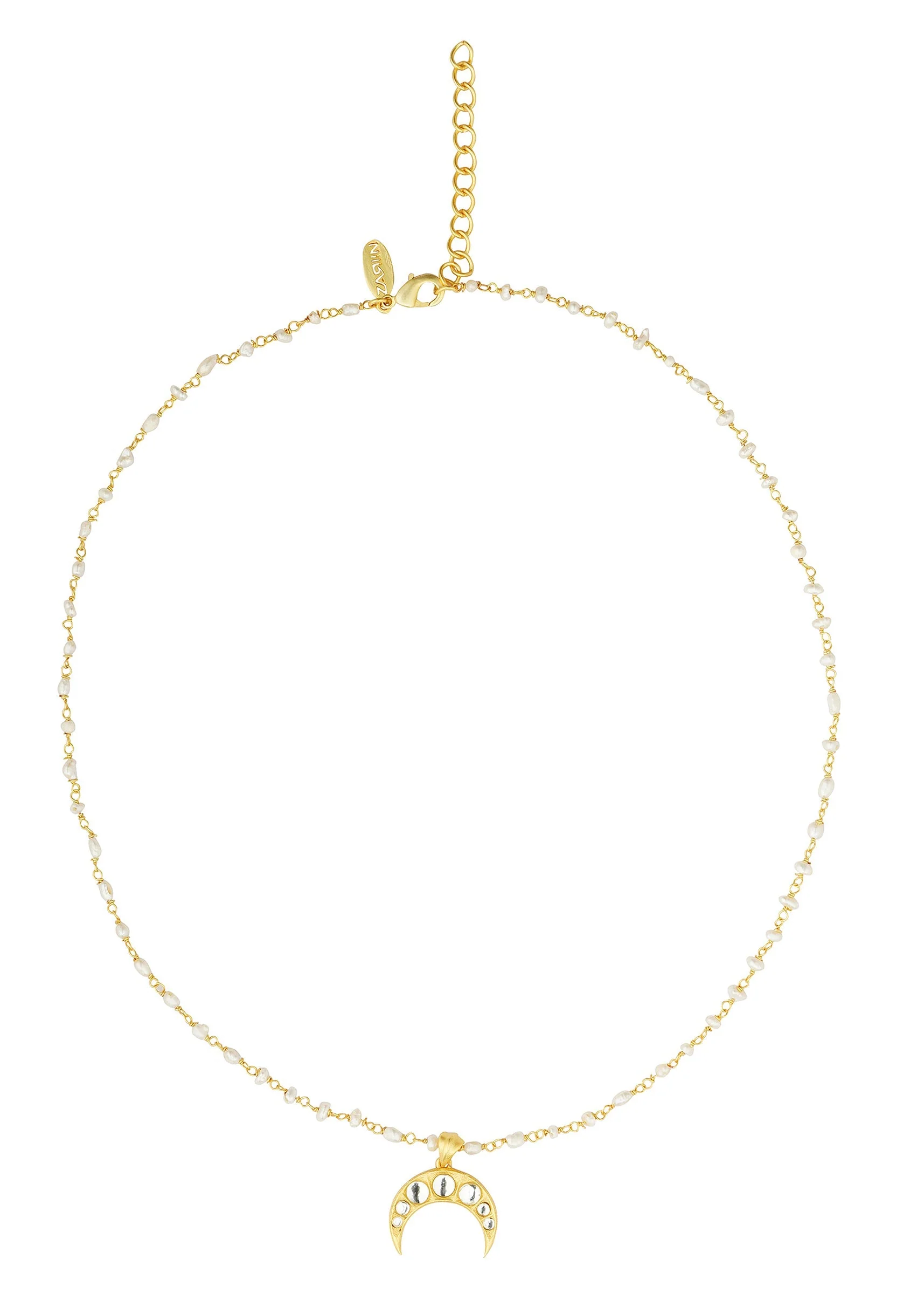 Gold Necklace With Crescent Pendant And Pearl Chain - Image 2