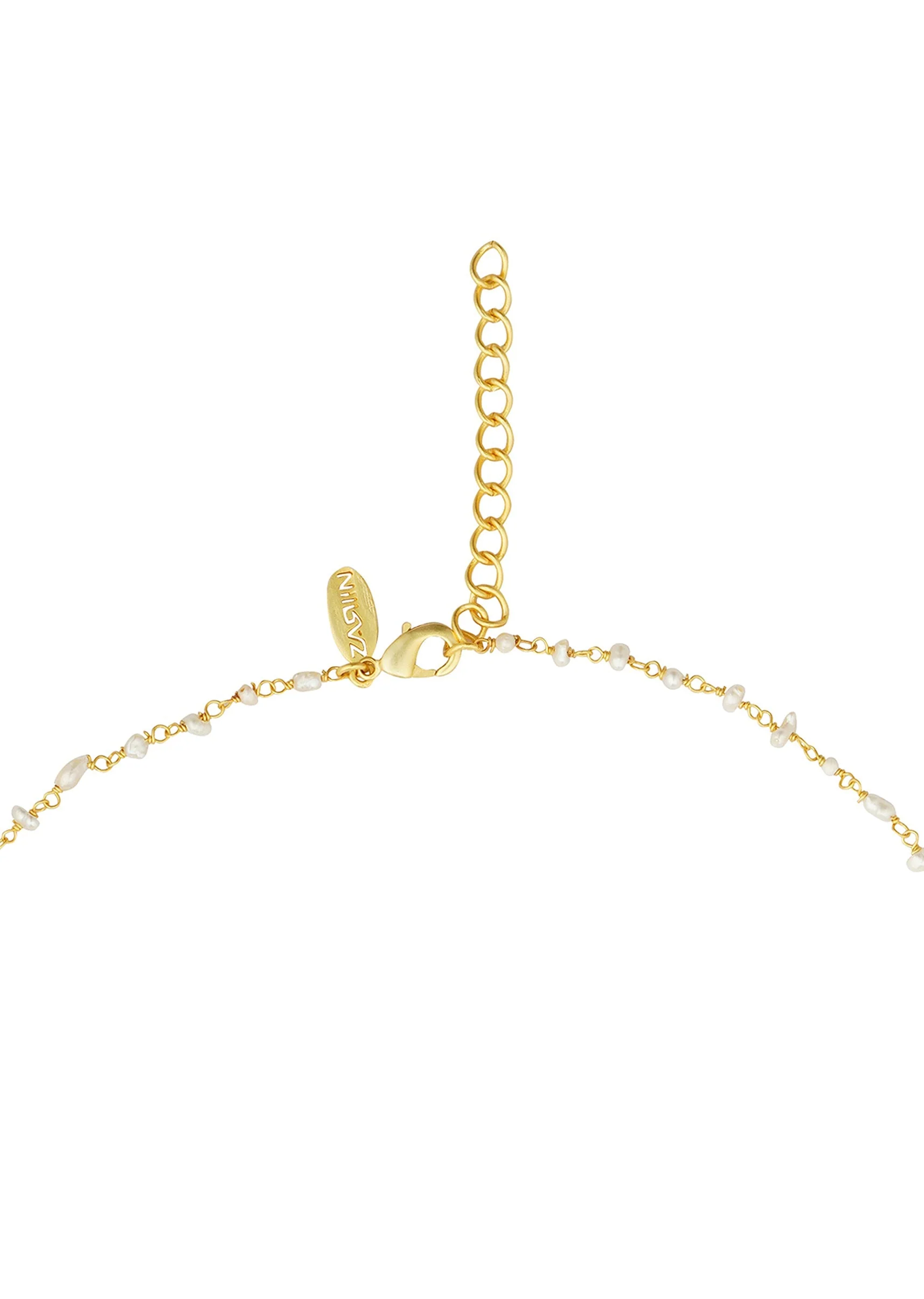 Gold Necklace With Crescent Pendant And Pearl Chain - Image 3