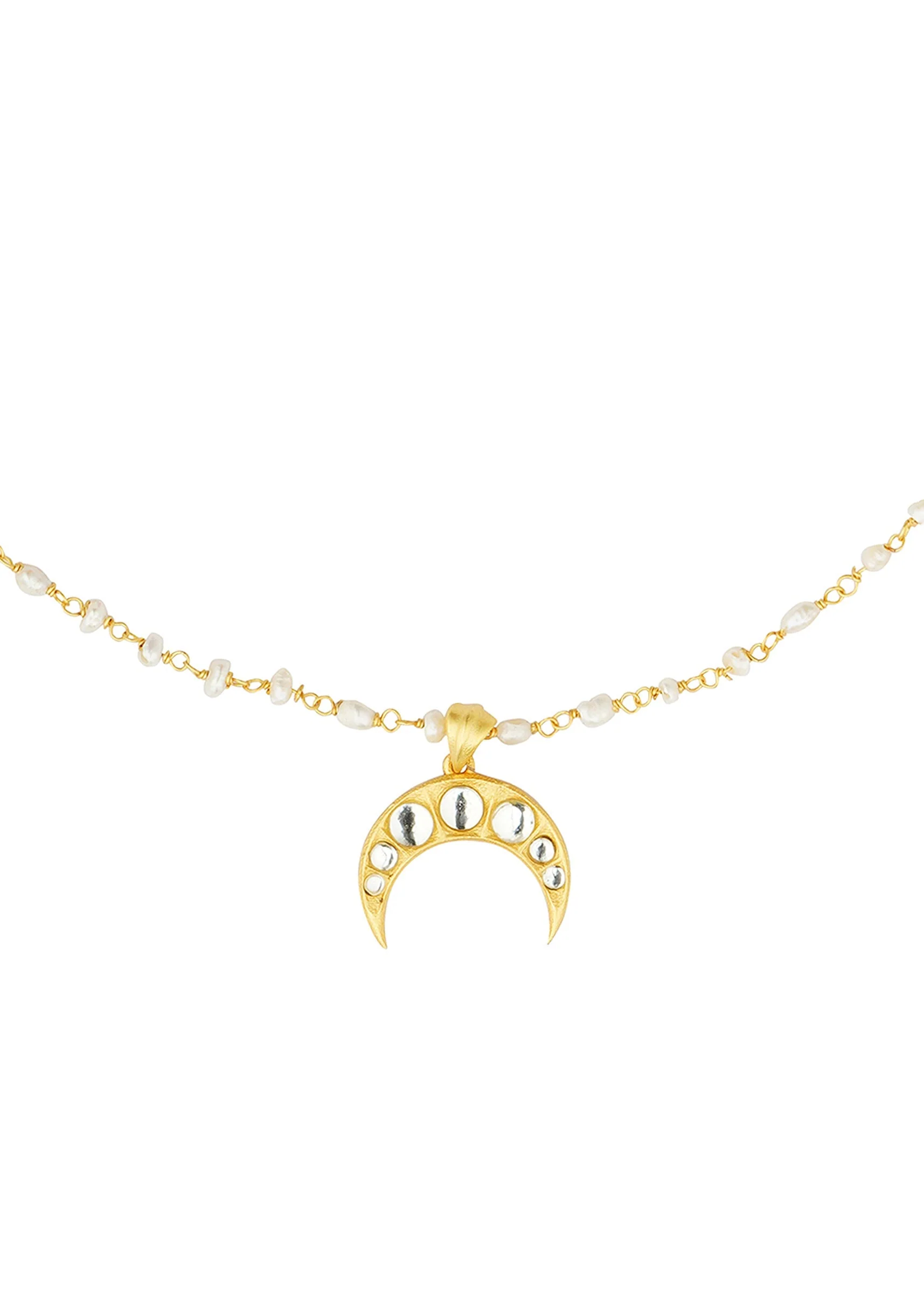 Gold Necklace With Crescent Pendant And Pearl Chain - Image 4