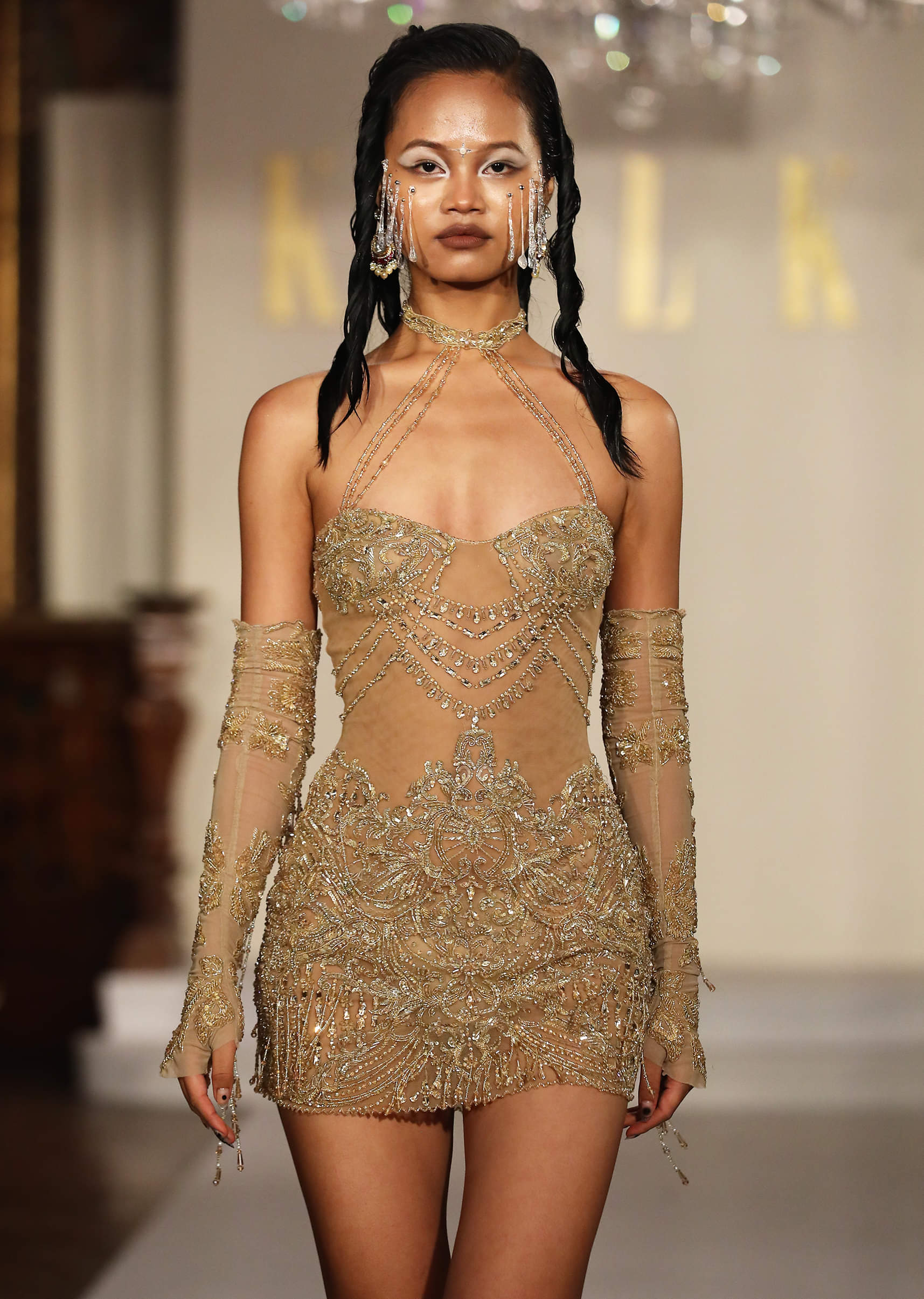 Gold Net Bridal Indo Western Mini Dress With Heavy Embroidery - Image 2