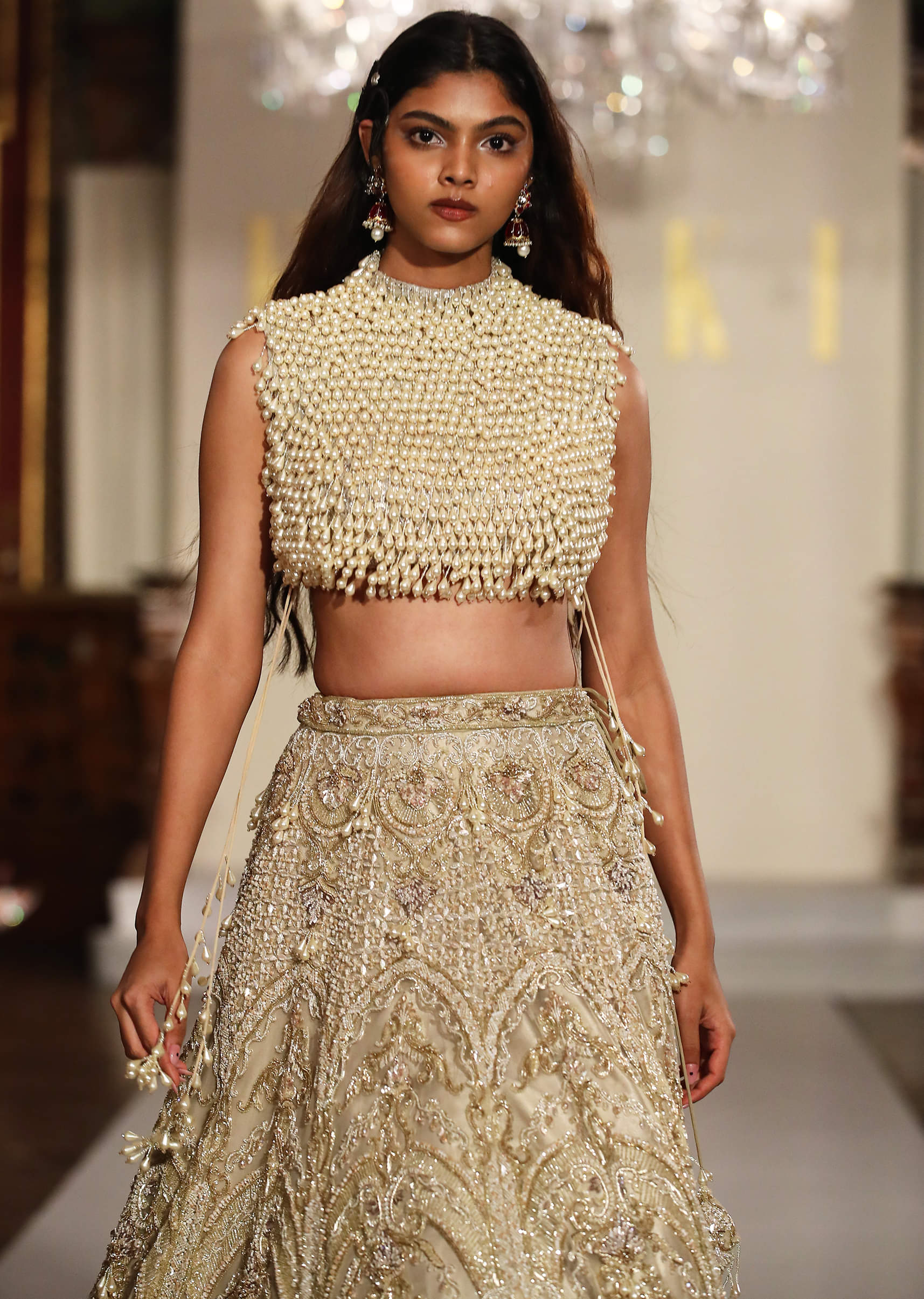 Gold Net Bridal Lehenga With Mother Of Pearl Work - Image 2