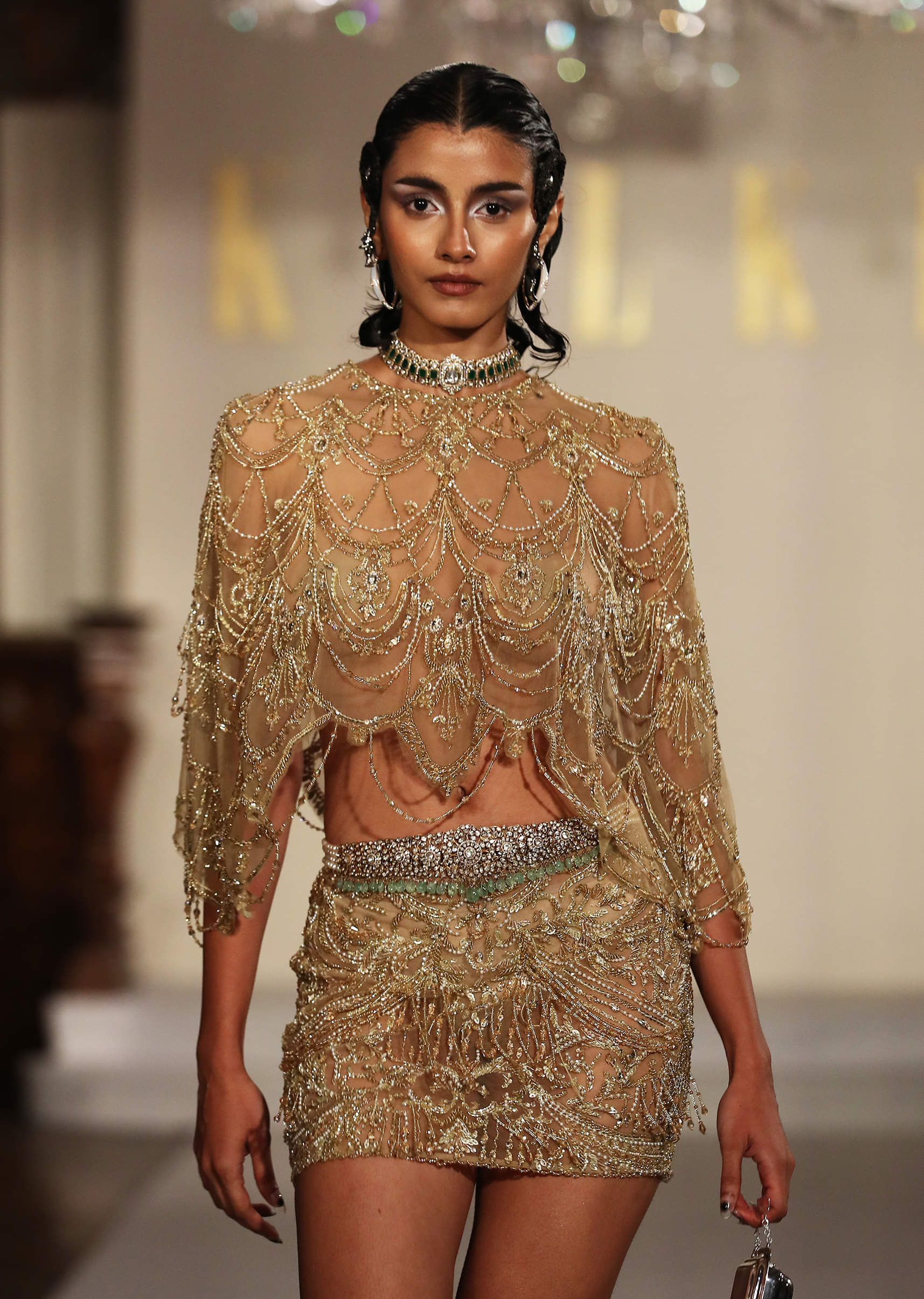 Gold Net Indo Western Jewelled Cape And Skirt Set With Tassels - Image 2
