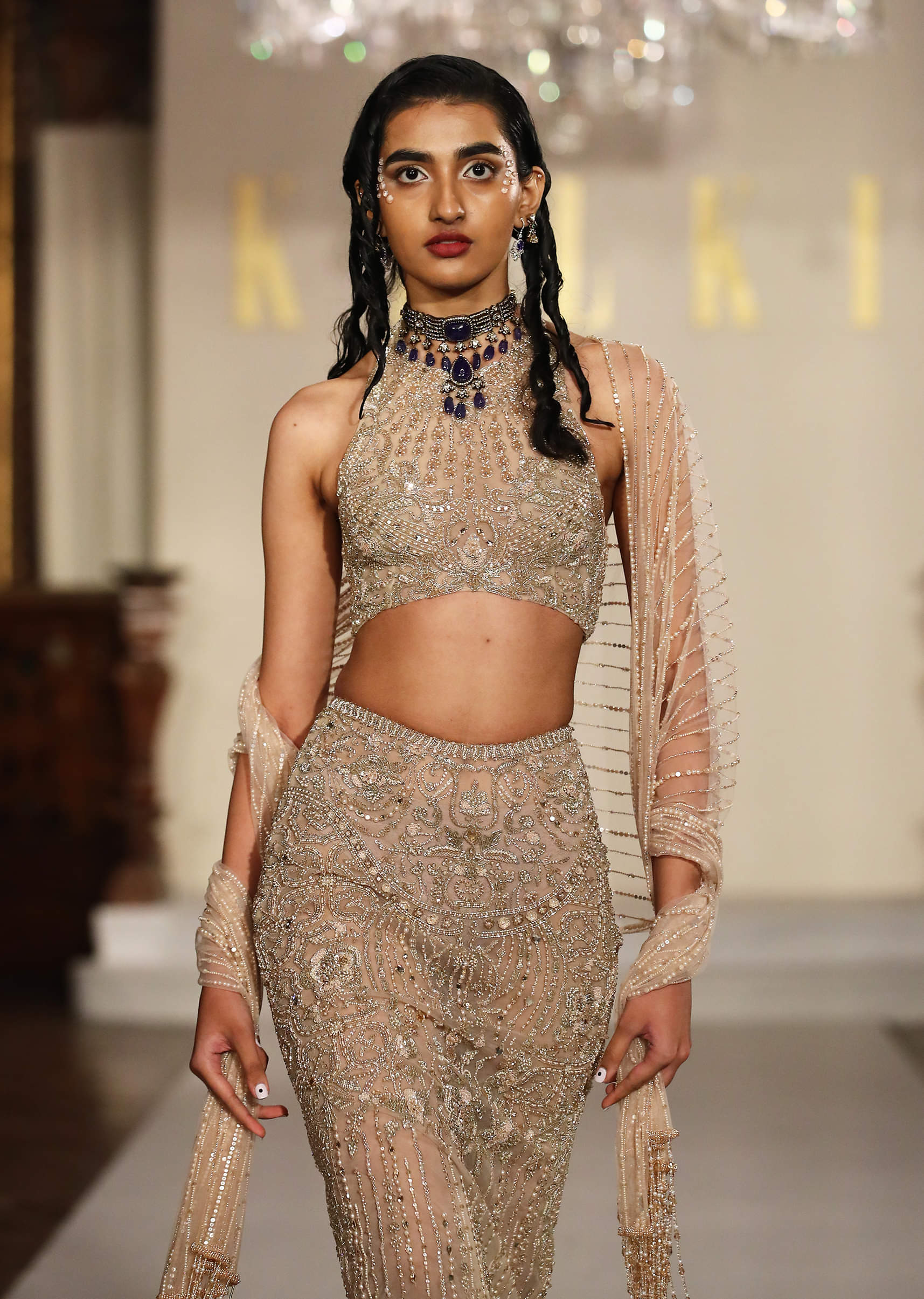 Gold Net Indo Western Set With Embellished Halter Neck Blouse - Image 2