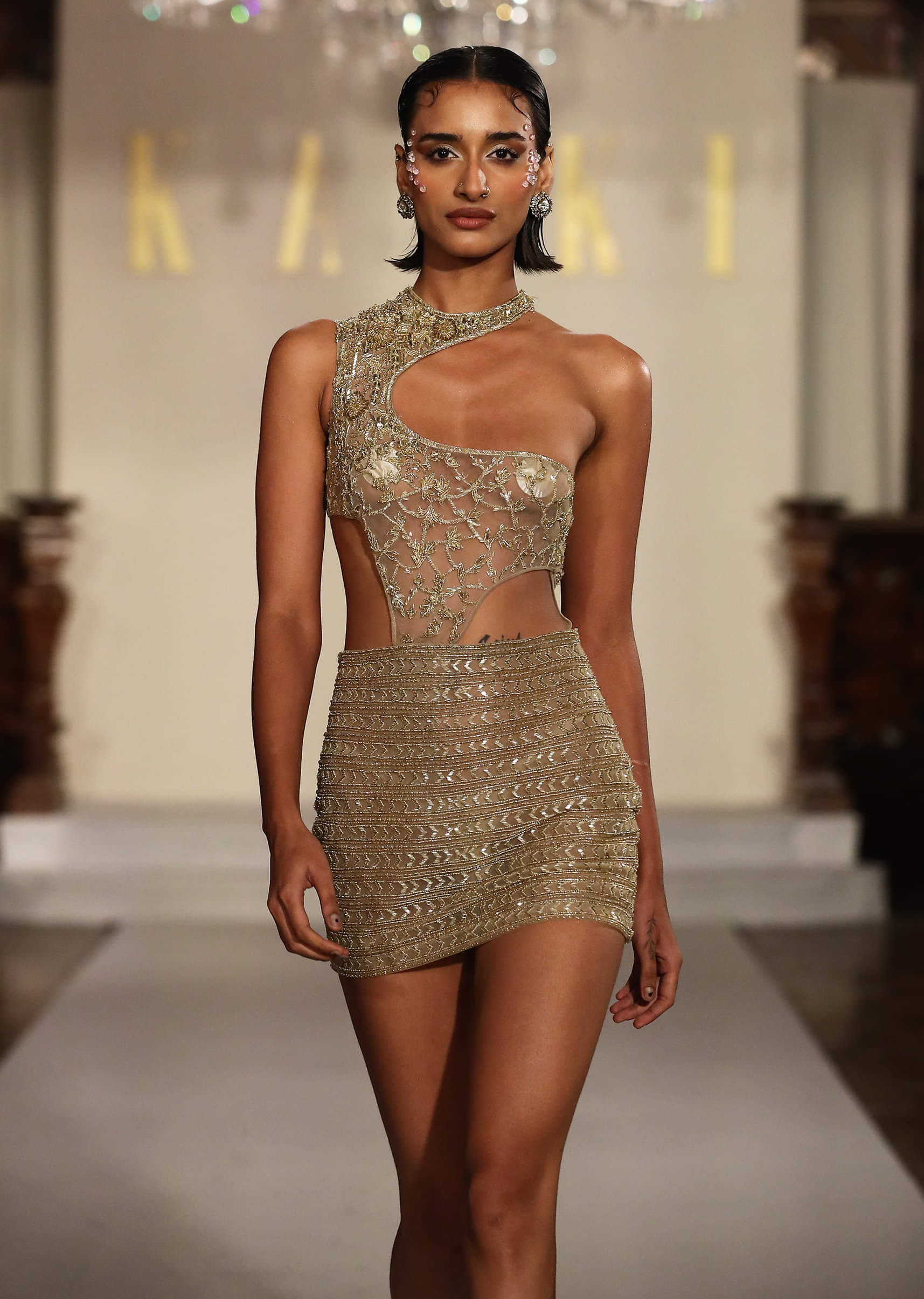 Gold Net Metallic Hand Embroidered Indo Western Bodysuit And Mini Skirt - Image 2
