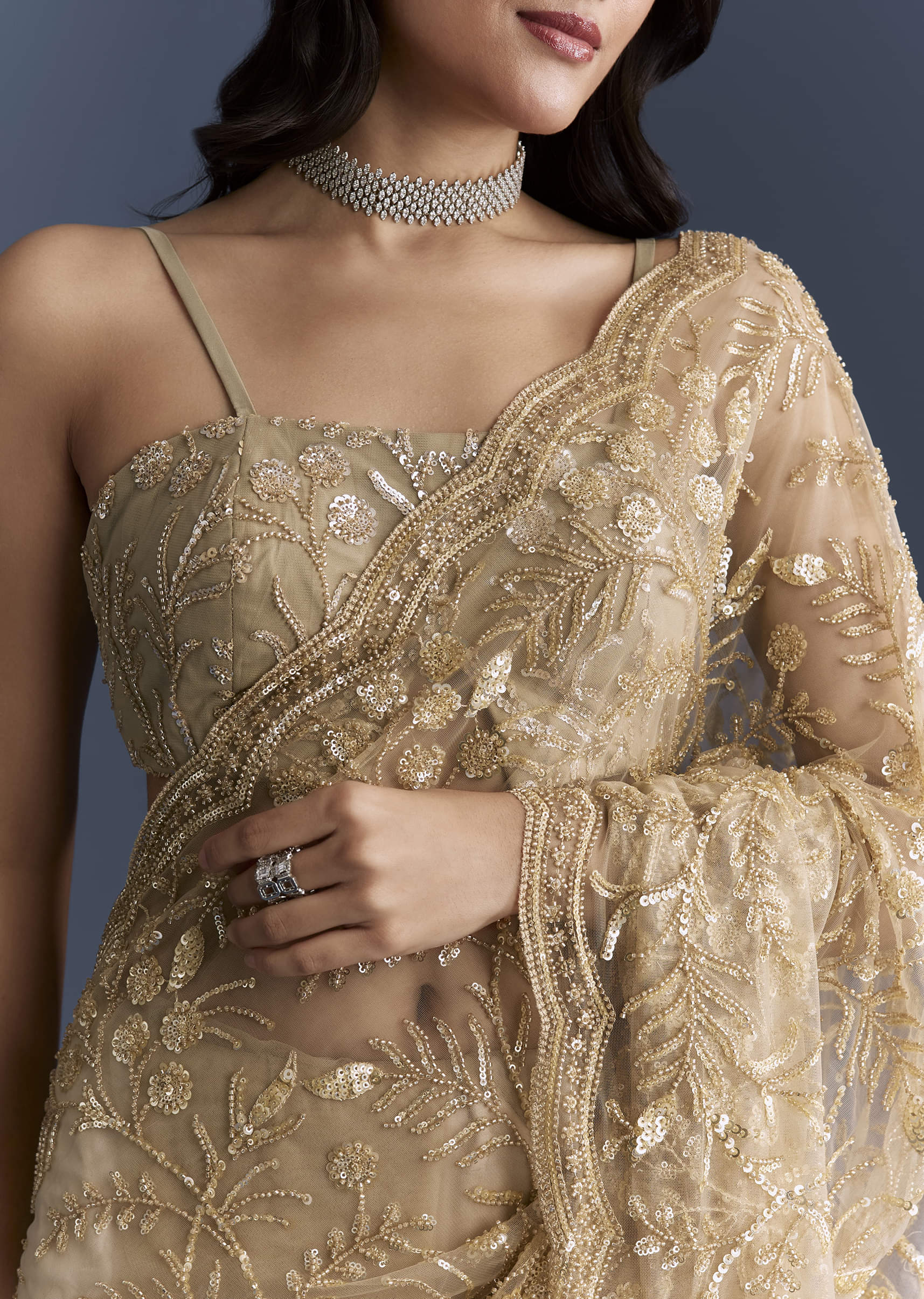 Gold Net Saree With Floral Sequins Work - Image 2