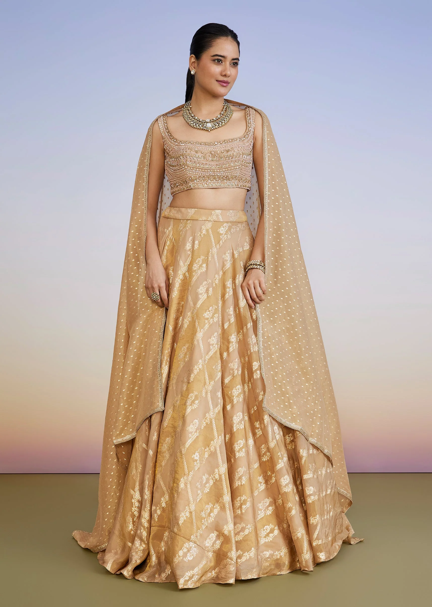 Gold Organza Banarasi Lehenga - Image 4
