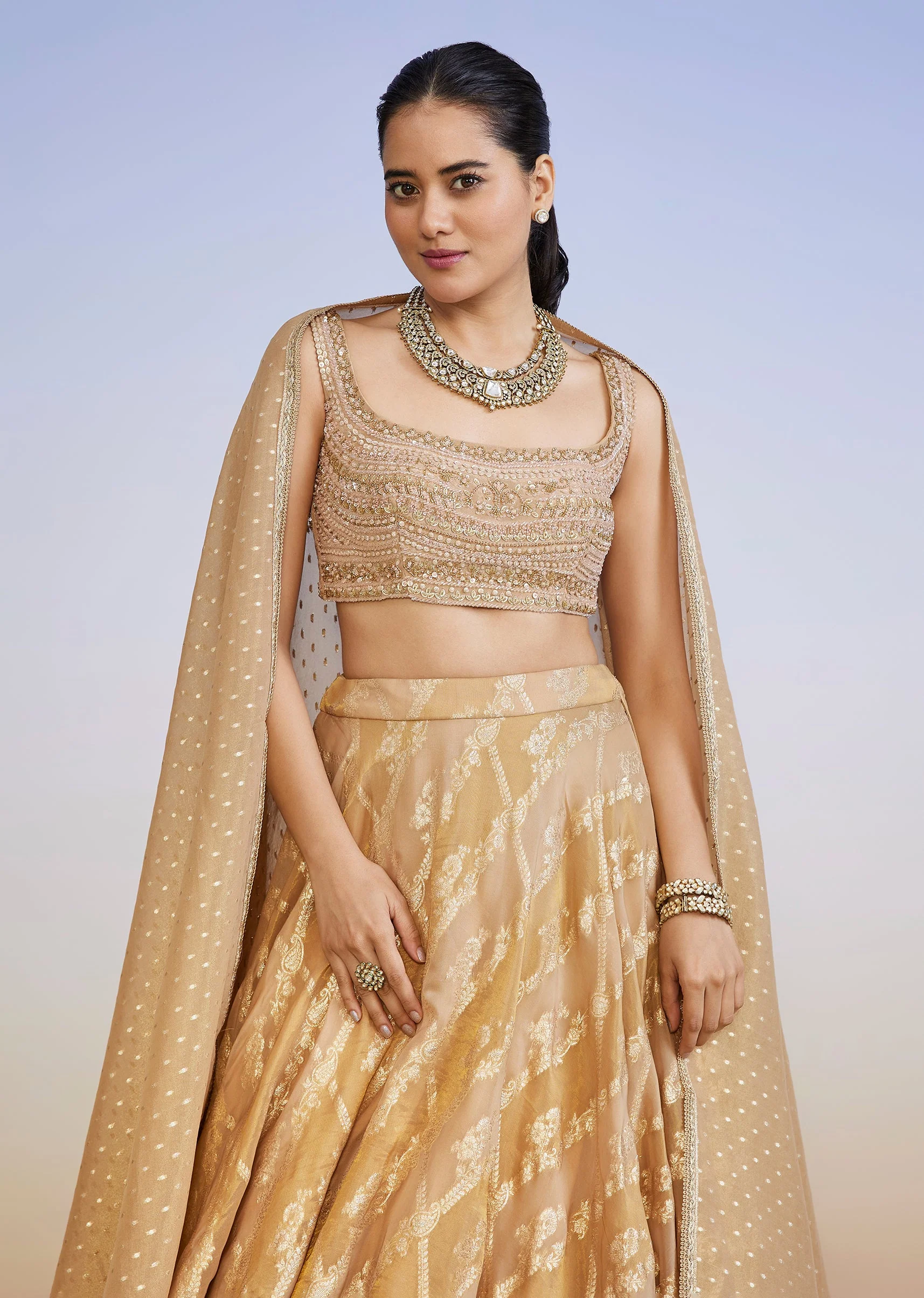 Gold Organza Banarasi Lehenga - Image 5