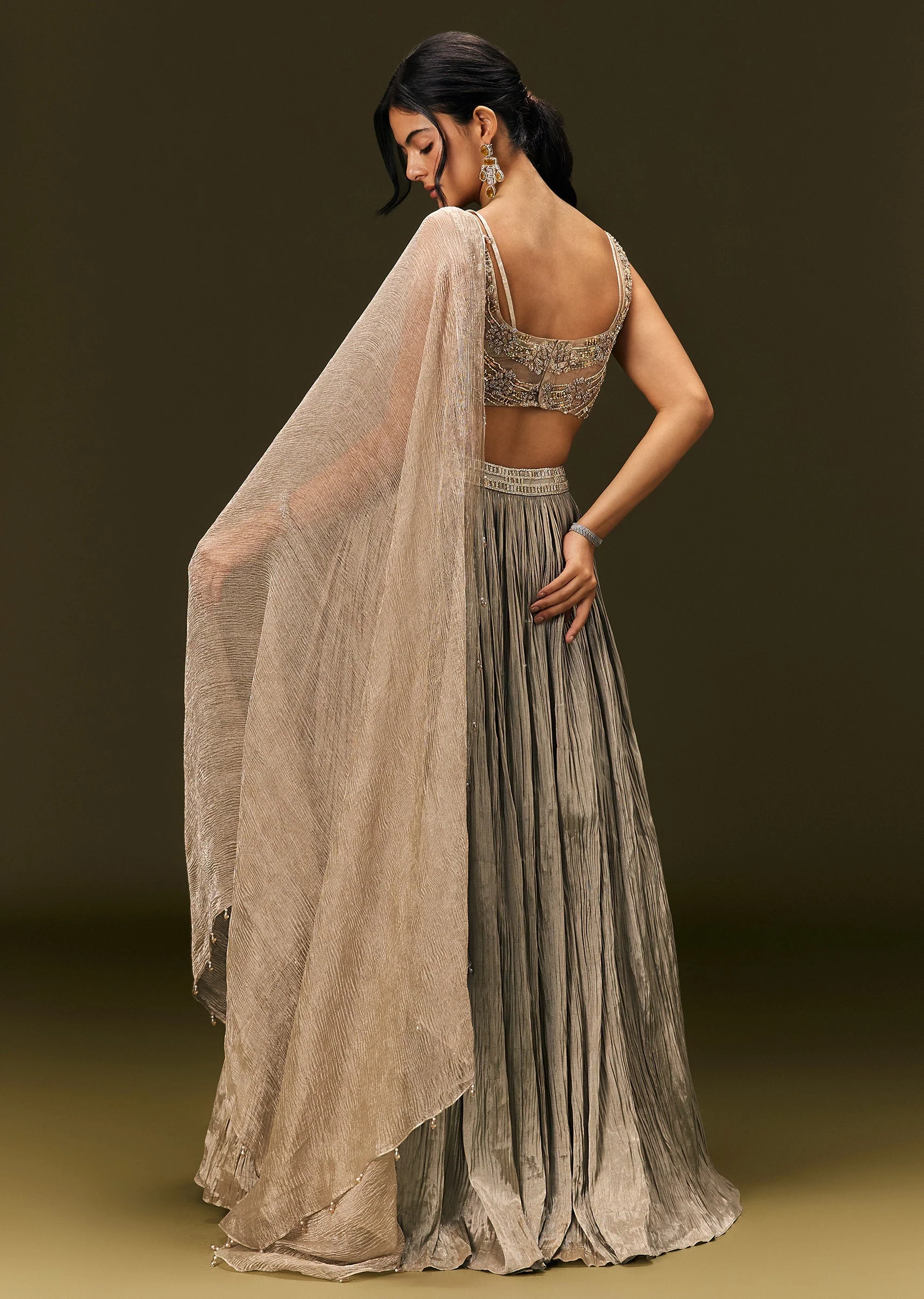Gold Organza Lehenga Dupatta Set With Embellishments - Image 6