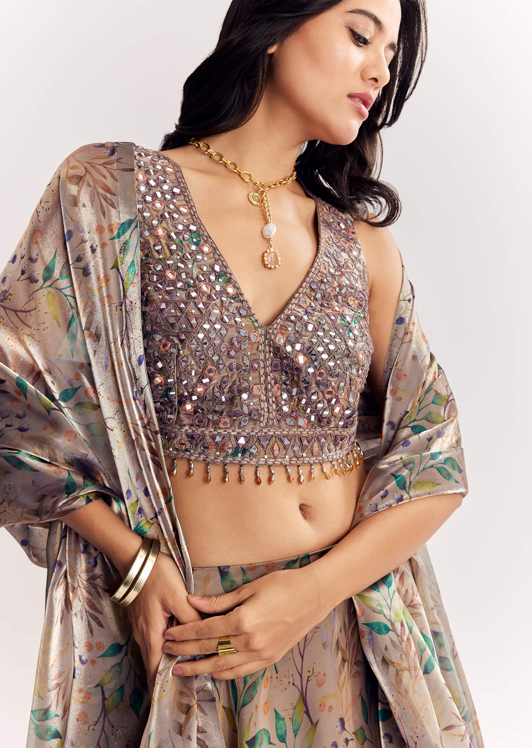 Gold Organza Tissue Lehenga Dupatta With Mirror Work Choli - Image 2
