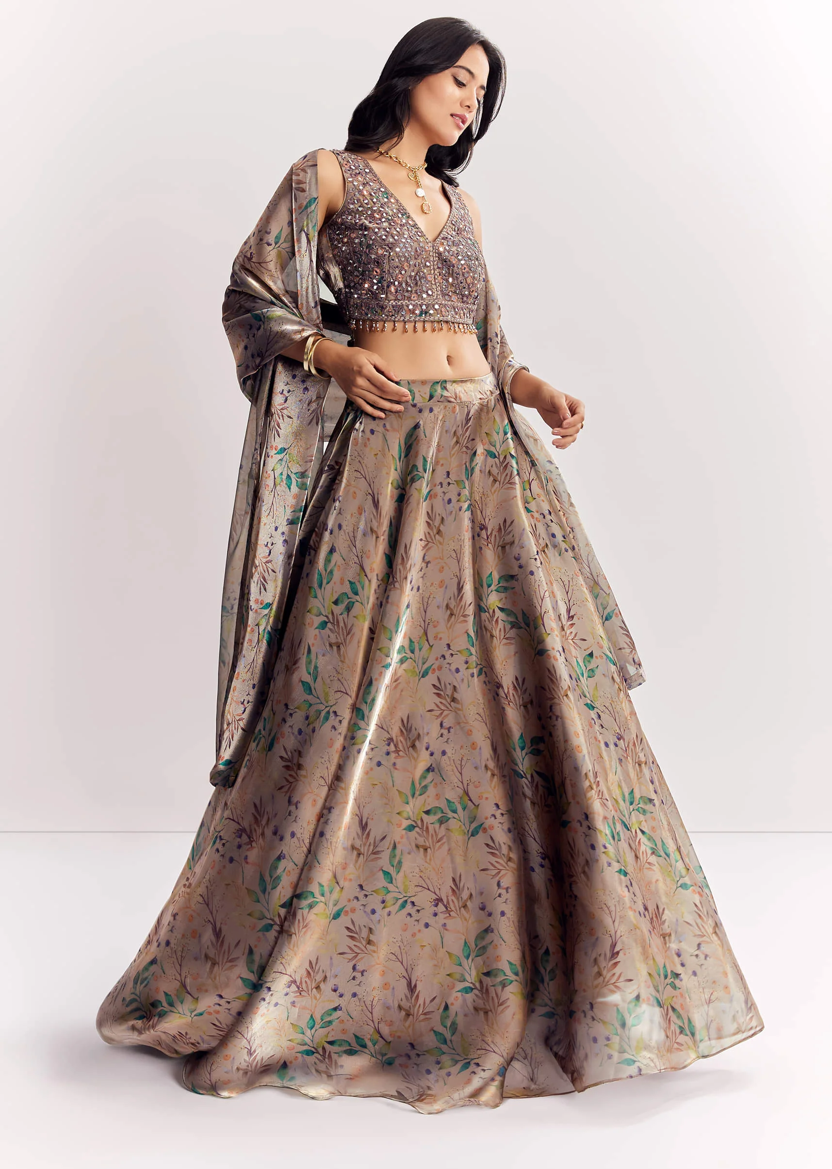 Gold Organza Tissue Lehenga Dupatta With Mirror Work Choli - Image 3