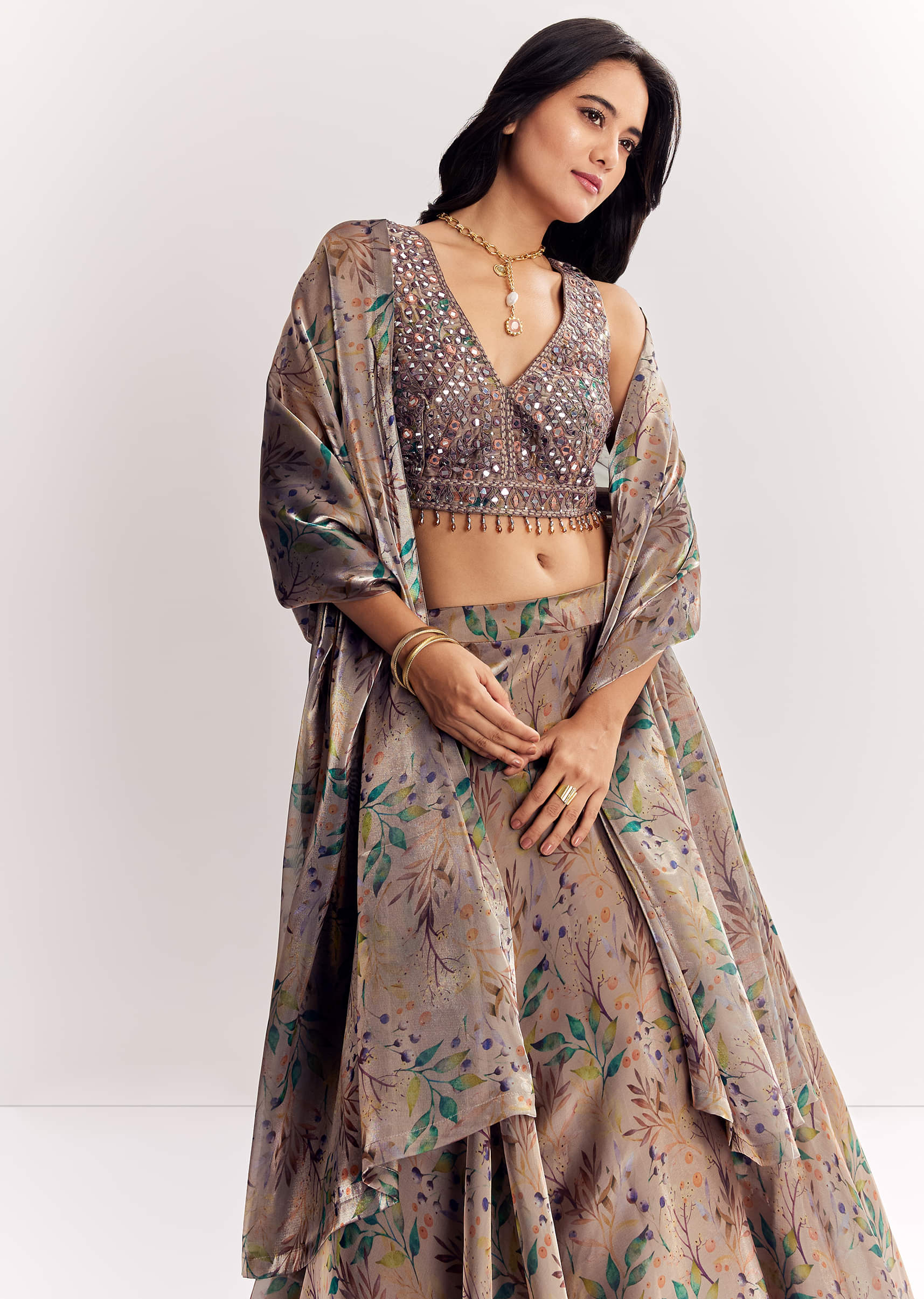 Gold Organza Tissue Lehenga Dupatta With Mirror Work Choli - Image 4