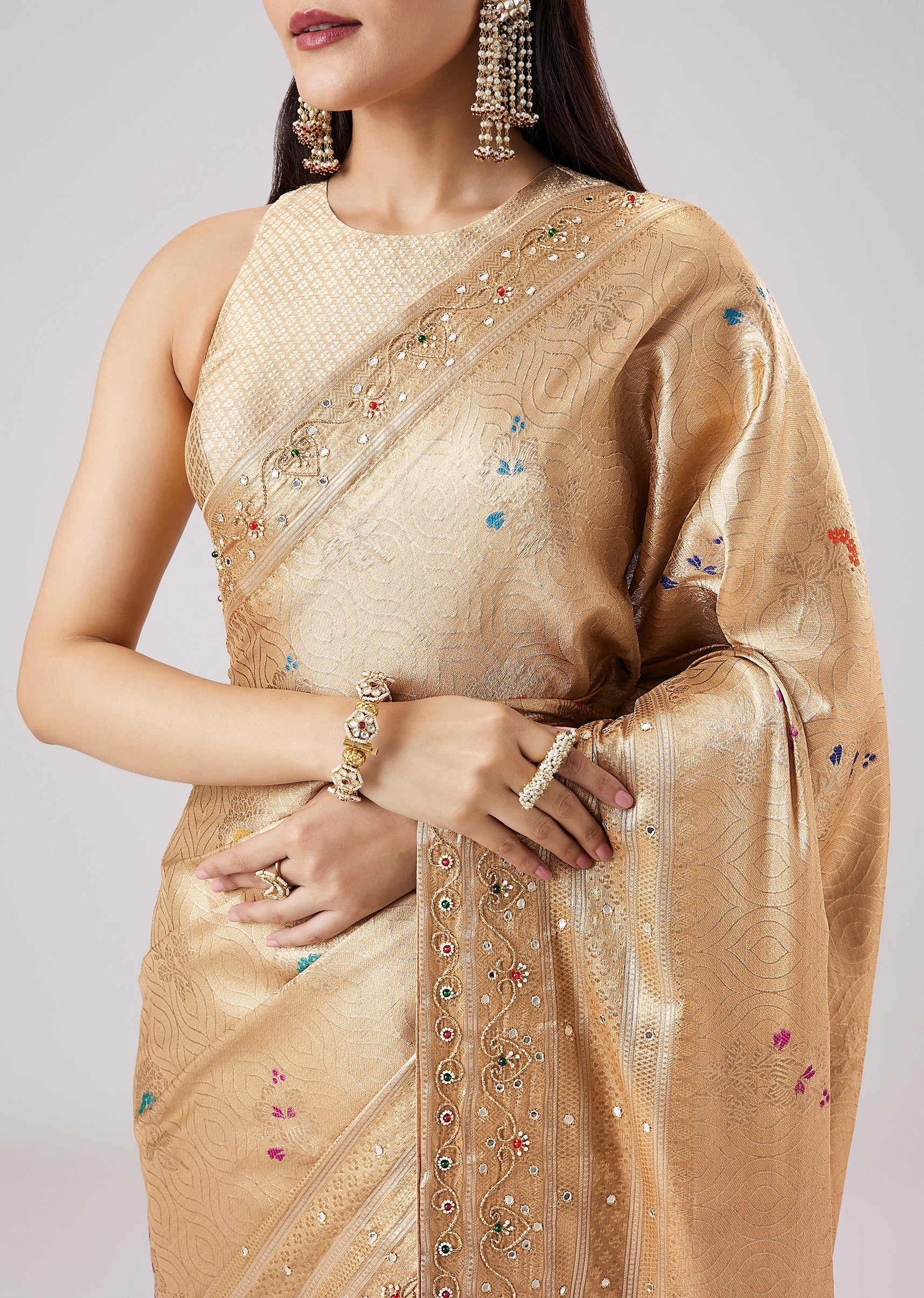 Gold Pastel Embroidered Saree With Unstitched Blouse - Image 2