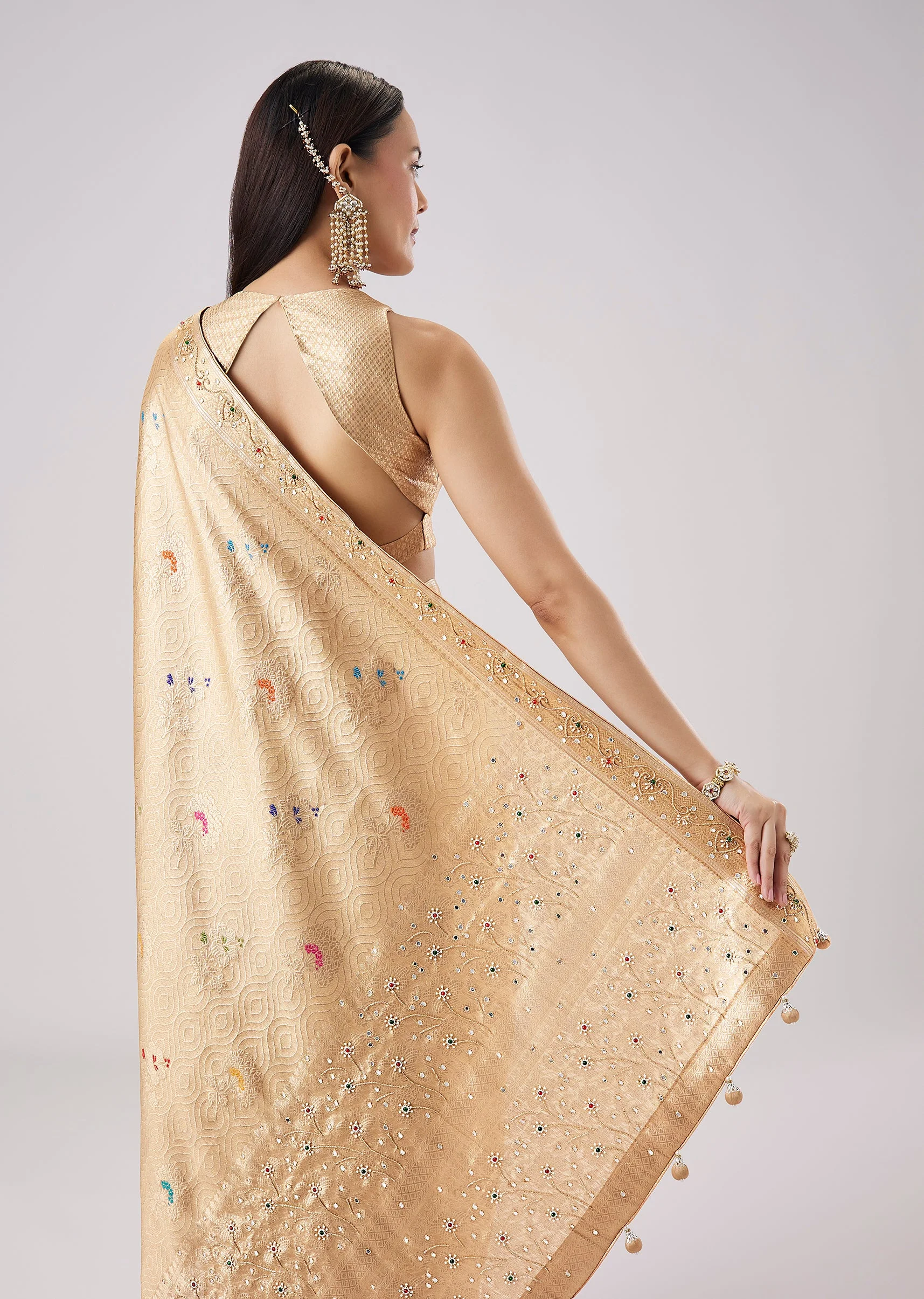 Gold Pastel Embroidered Saree With Unstitched Blouse - Image 6
