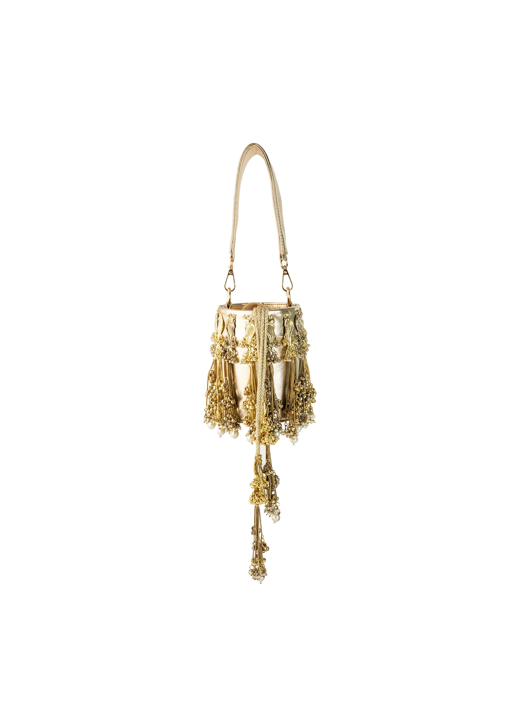 Gold Peacock Motif Tassel Detail Bucket Bag - Image 2