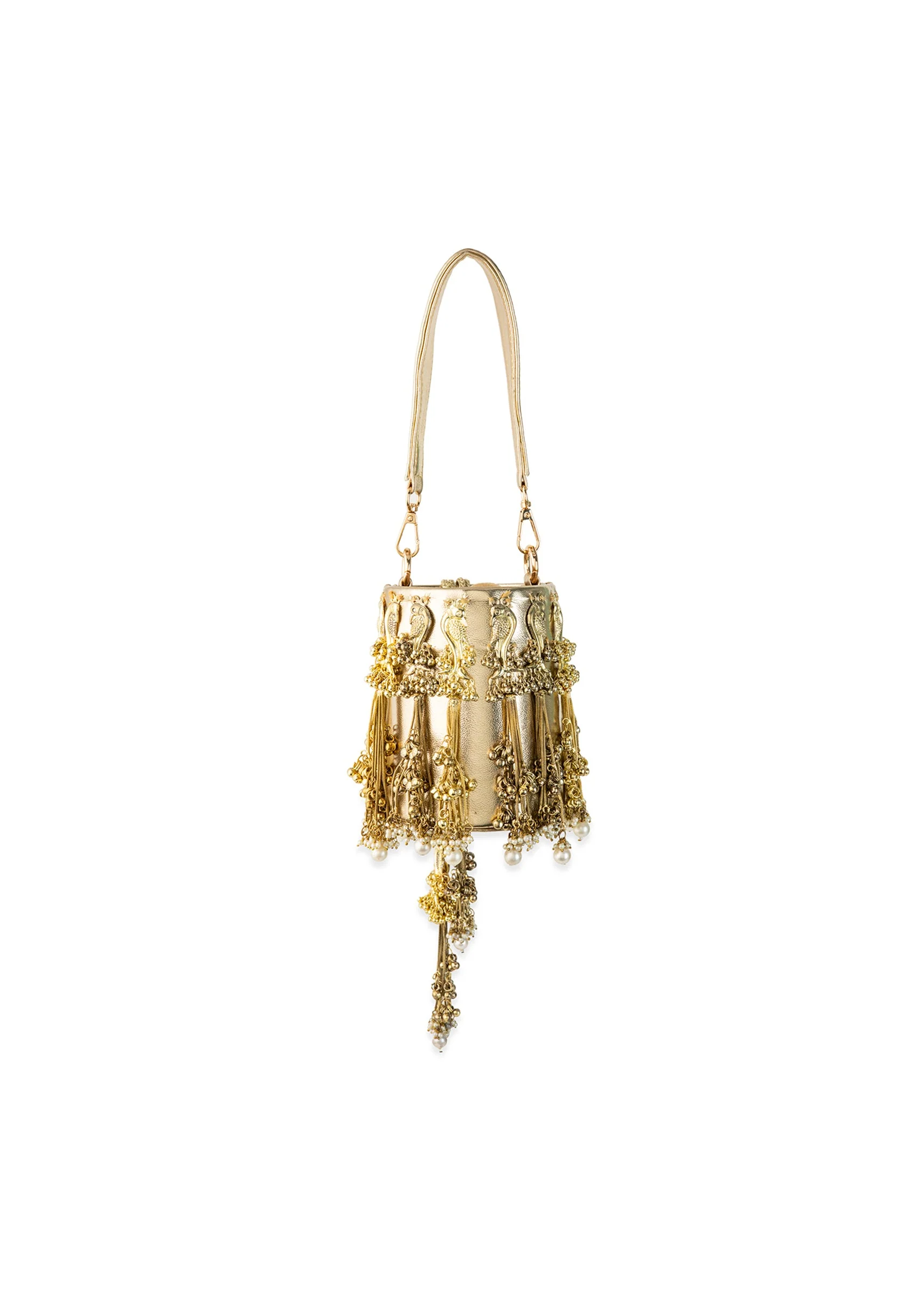 Gold Peacock Motif Tassel Detail Bucket Bag - Image 3