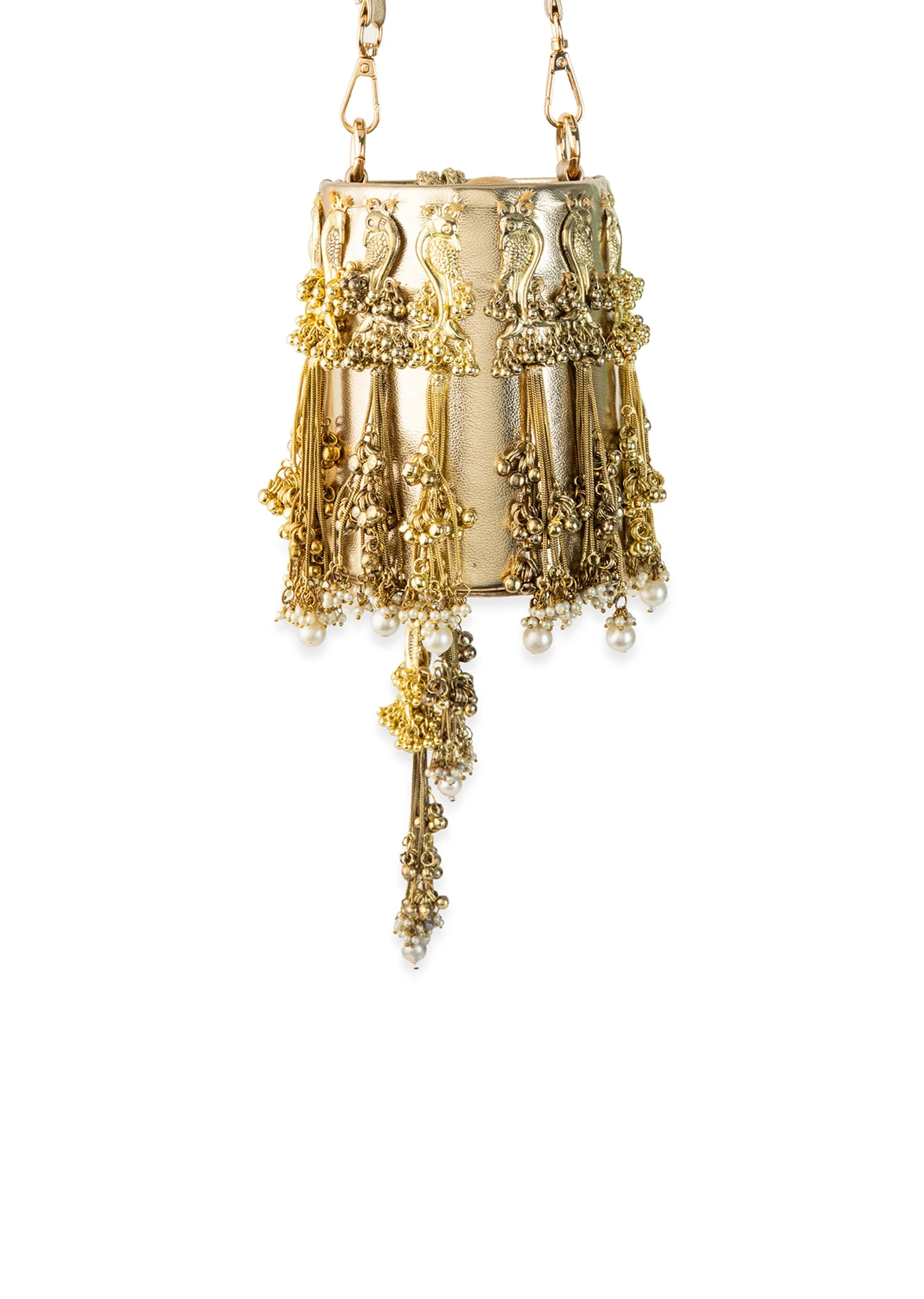 Gold Peacock Motif Tassel Detail Bucket Bag - Image 4