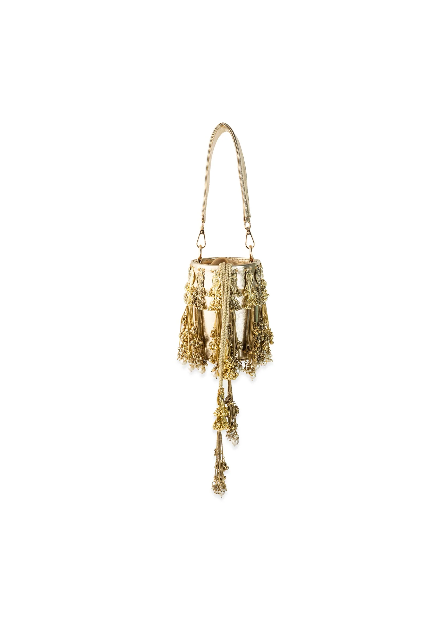 Gold Peacock Motif Tassel Detail Bucket Bag - Image 5