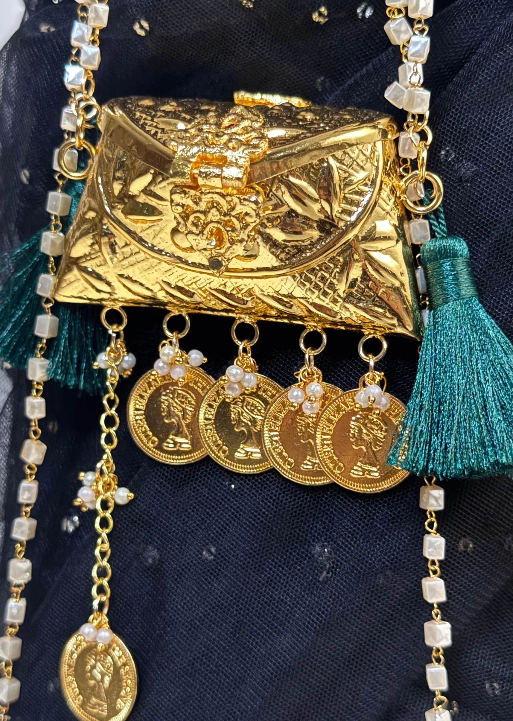 Gold Pearl Coin Charm Potli Bag - Image 2