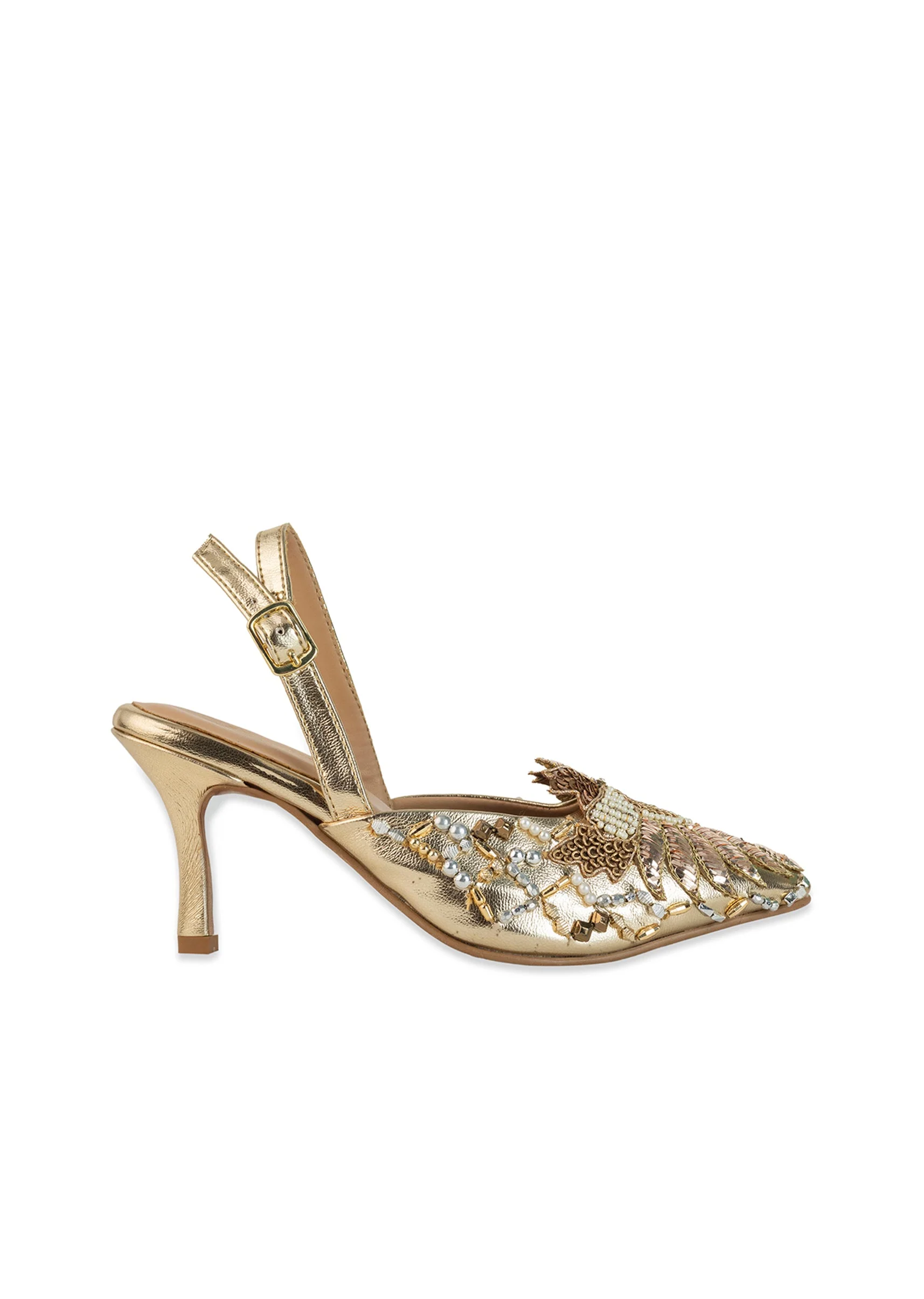 Gold Pearl Embellished Pointed Toe Heels - Image 6