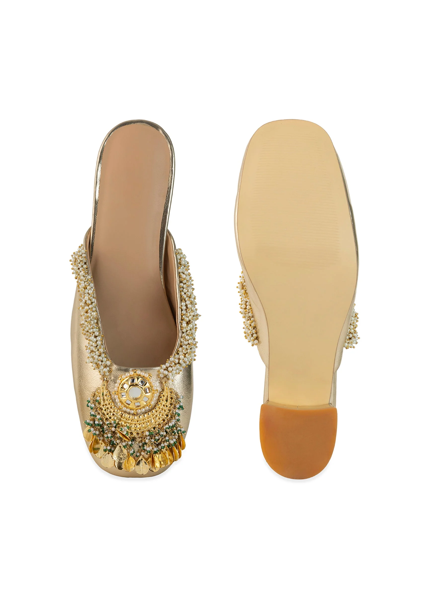 Gold Pearl Hand Embellished Heel Mules - Image 4