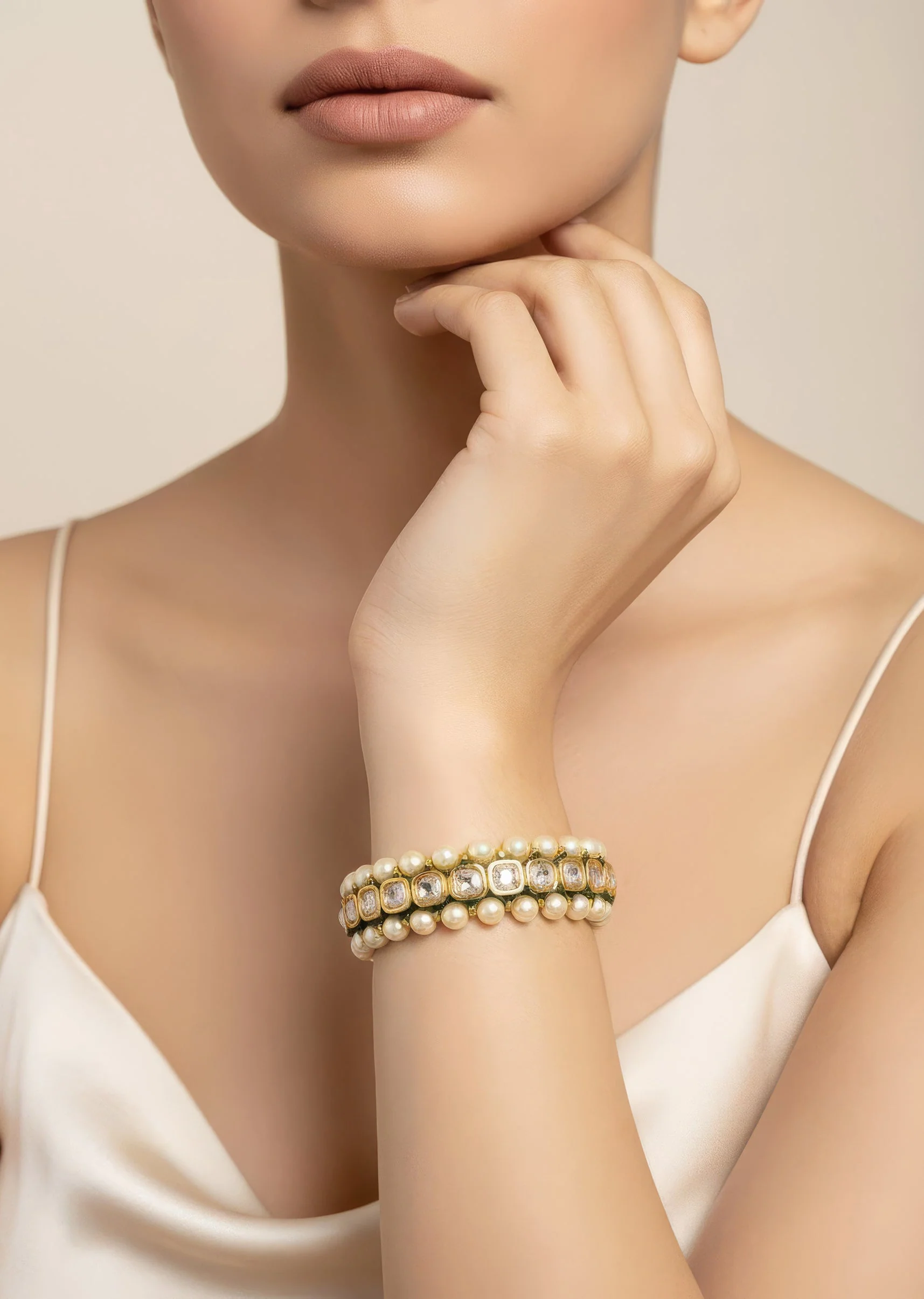 Gold Plated Bangles With Pearl Borders And Square Cut Stones