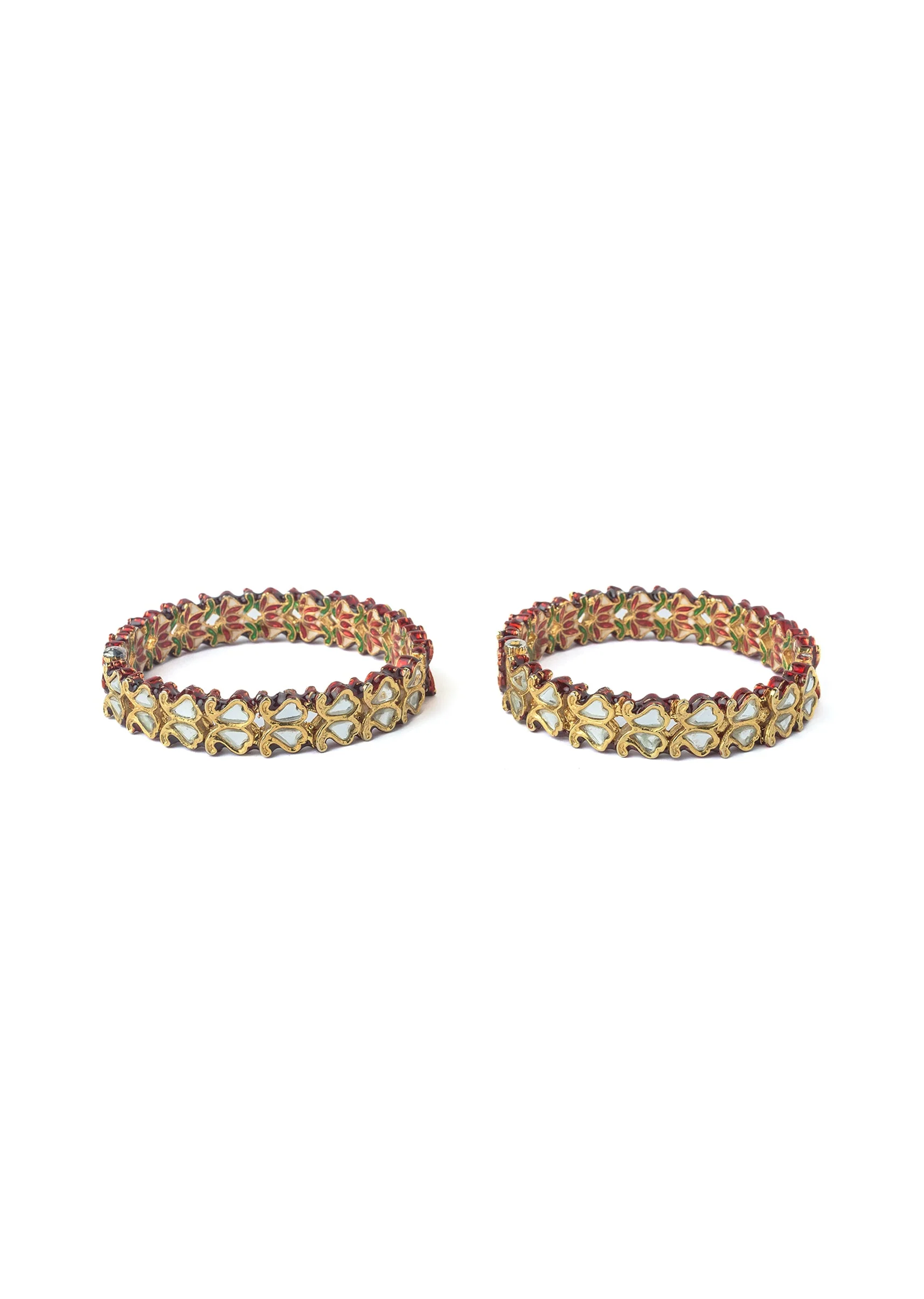 Gold Plated Bangles With Red Green Enamel And White Stones - Image 2