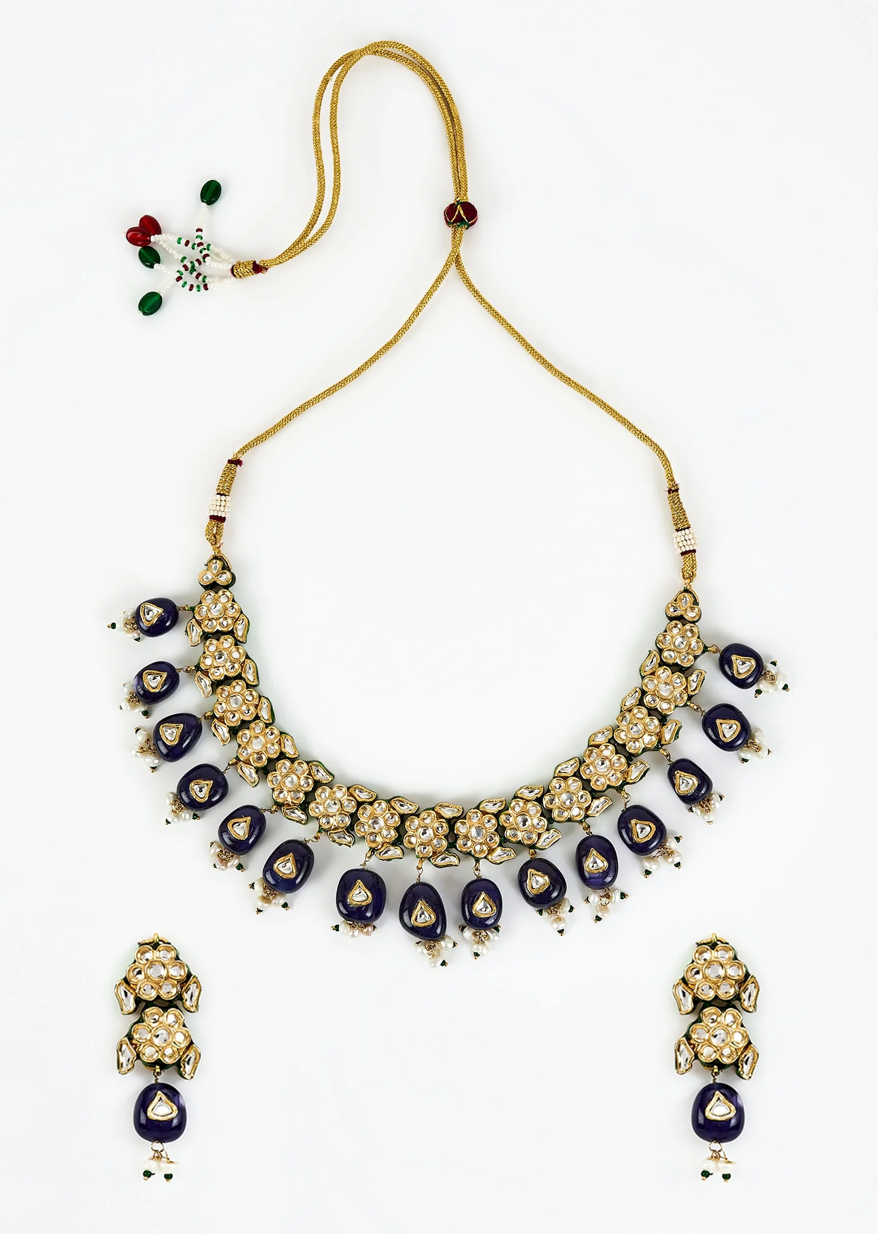 Gold Plated Blue Kundan Polki Choker Necklace Set With Earrings - Image 2