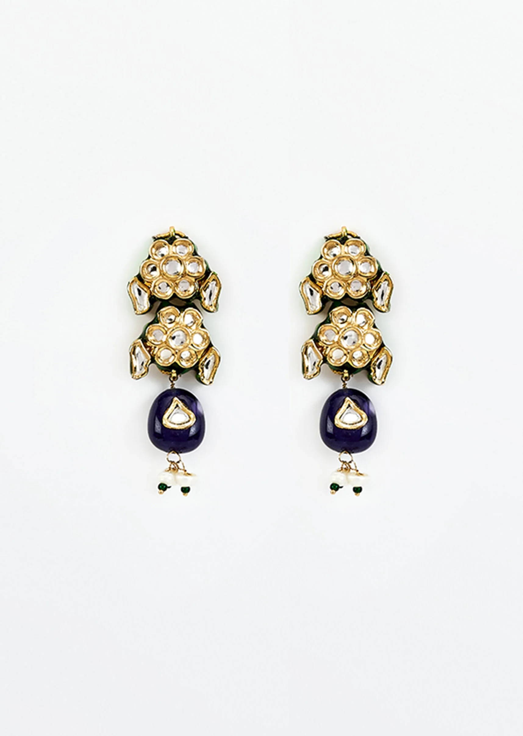 Gold Plated Blue Kundan Polki Choker Necklace Set With Earrings - Image 4