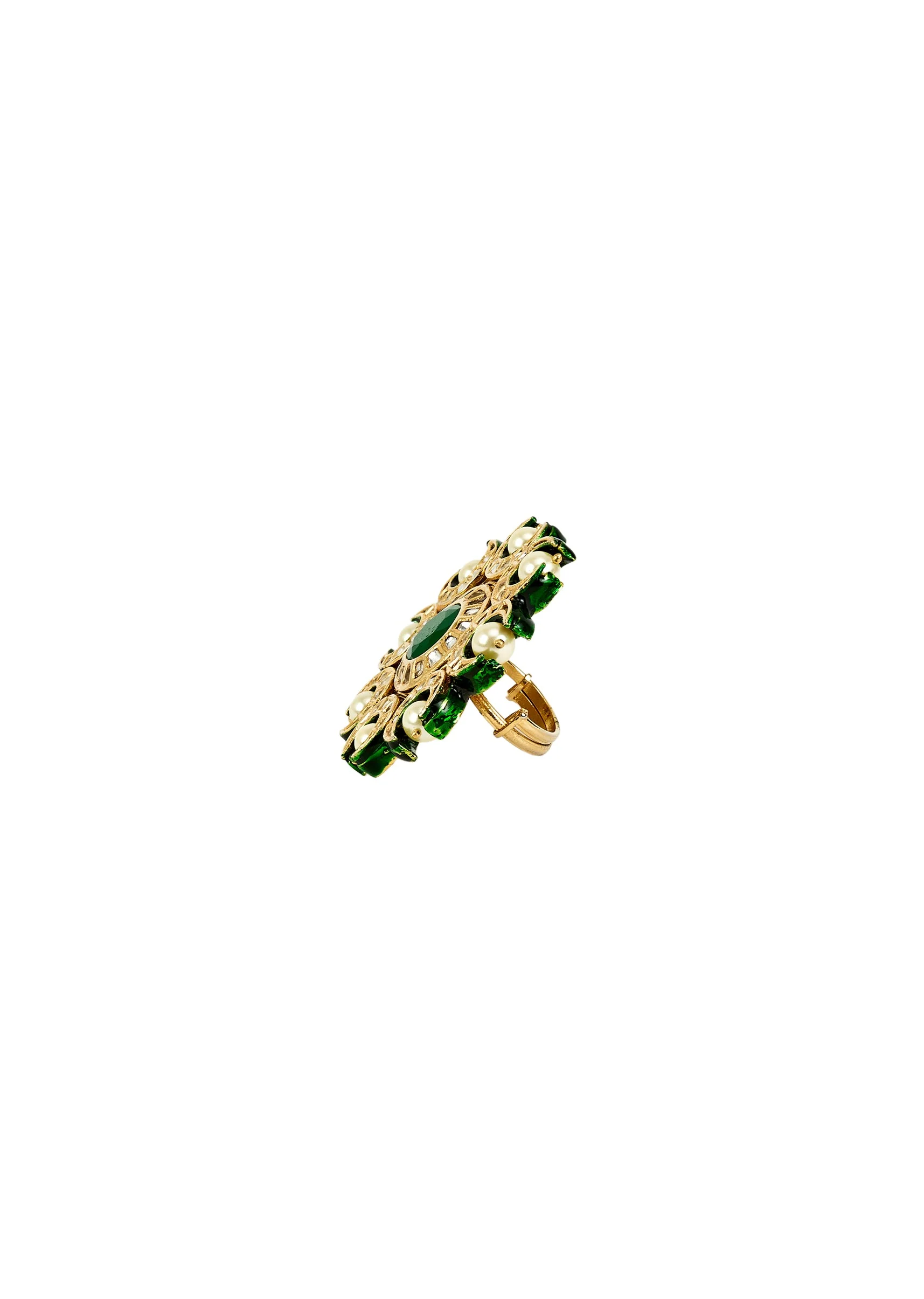 Gold Plated Centre Green Stone Kundan Polki Ring - Image 3
