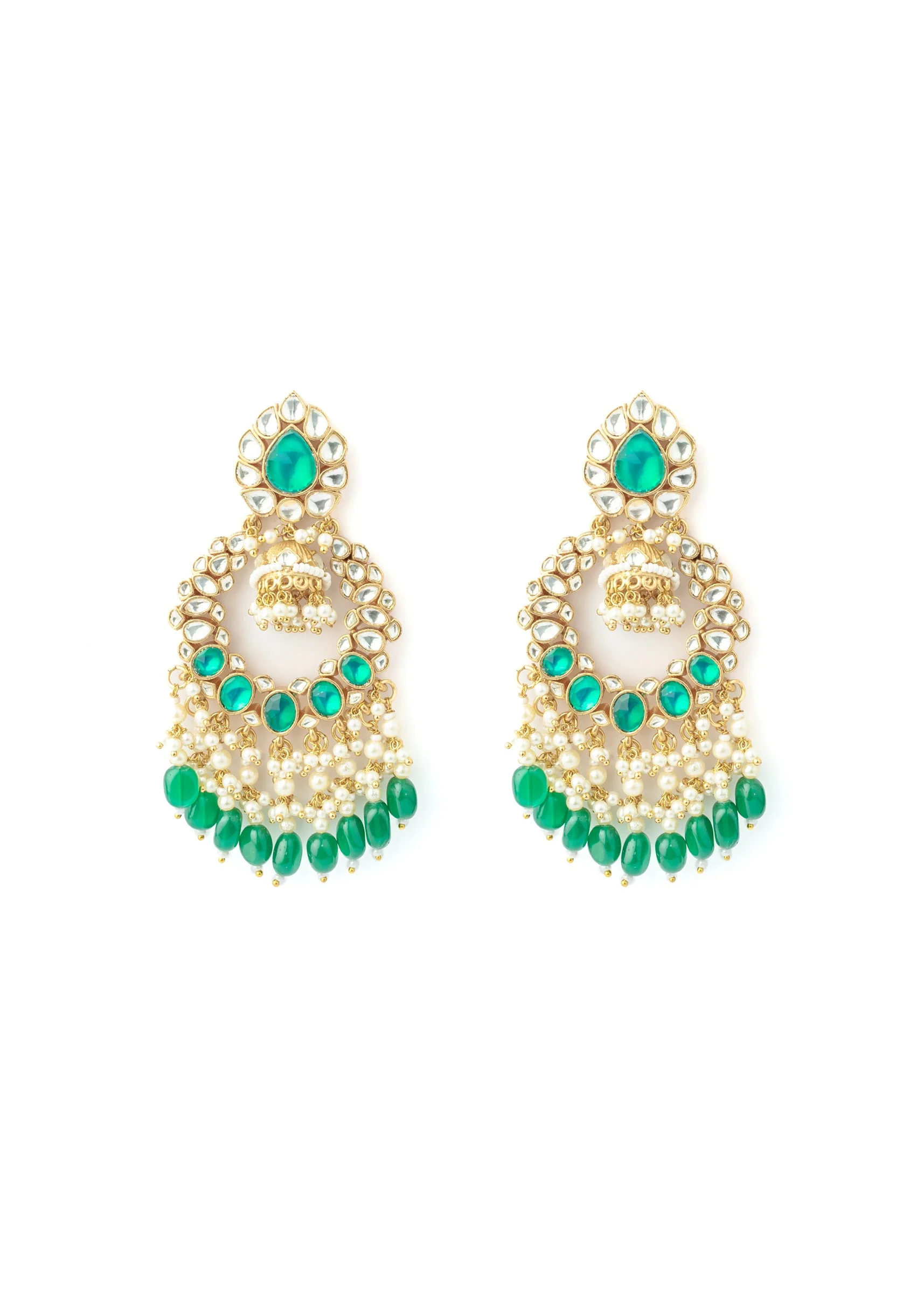 Gold Plated Chandelier Earrings With Sparkling Kundan Green Gemstones And Pearl Drop Earrings - Image 2