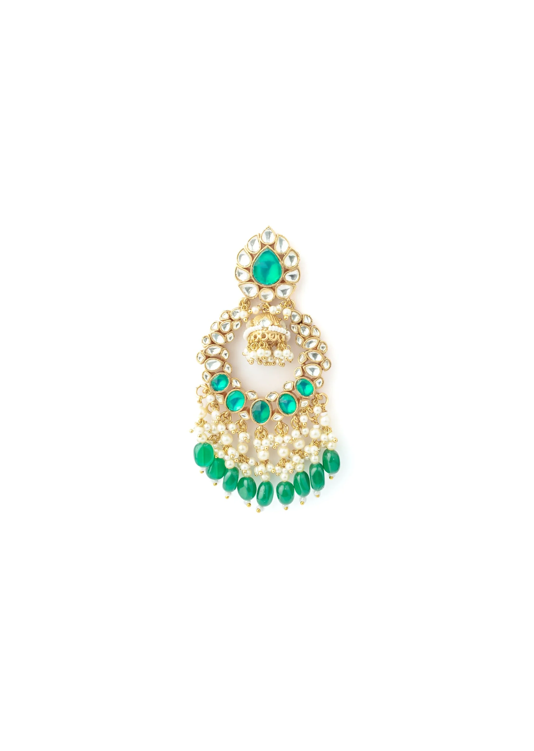 Gold Plated Chandelier Earrings With Sparkling Kundan Green Gemstones And Pearl Drop Earrings - Image 3