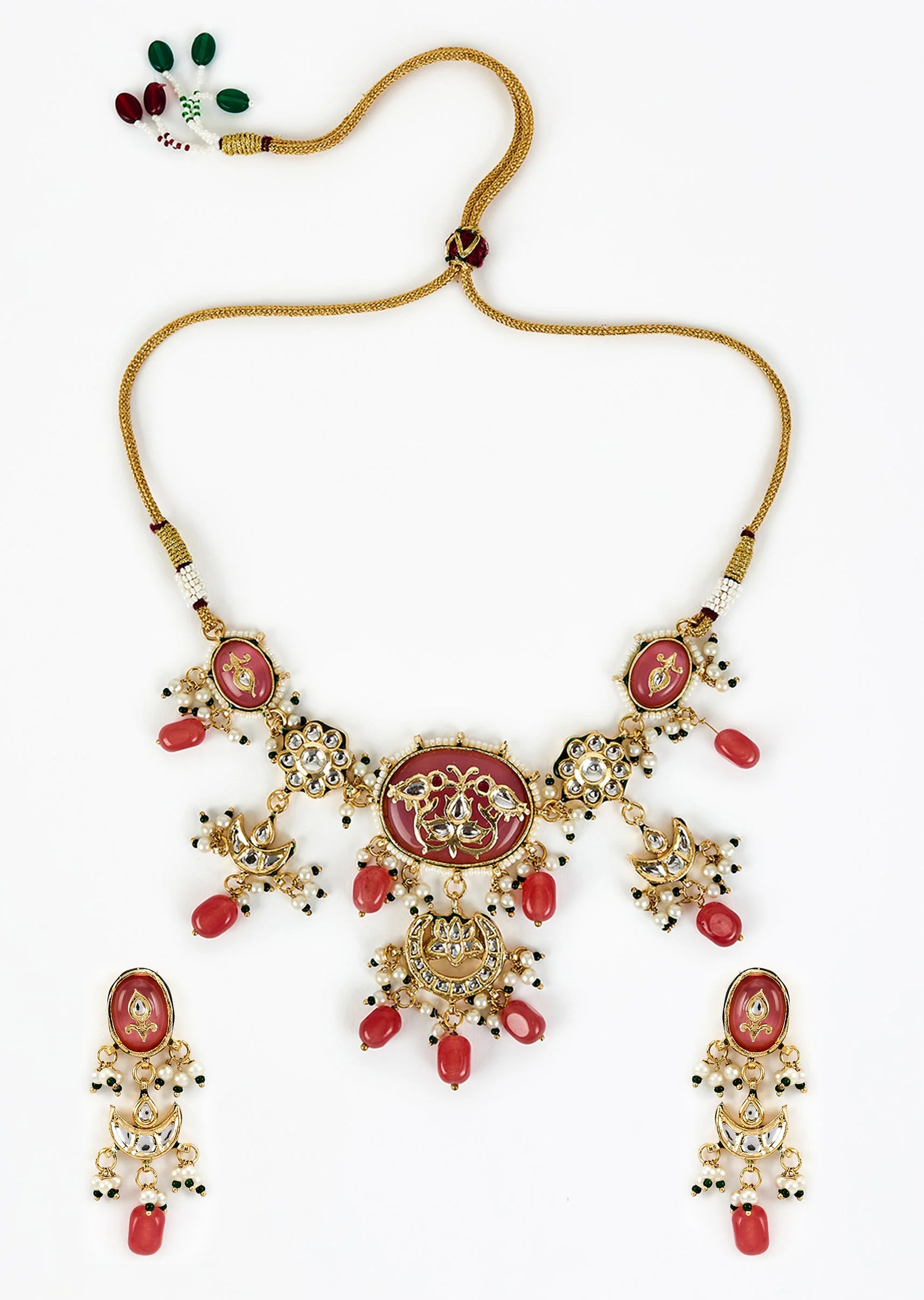 Gold Plated Deep Pink Choker Necklace Set With Earrings - Image 2