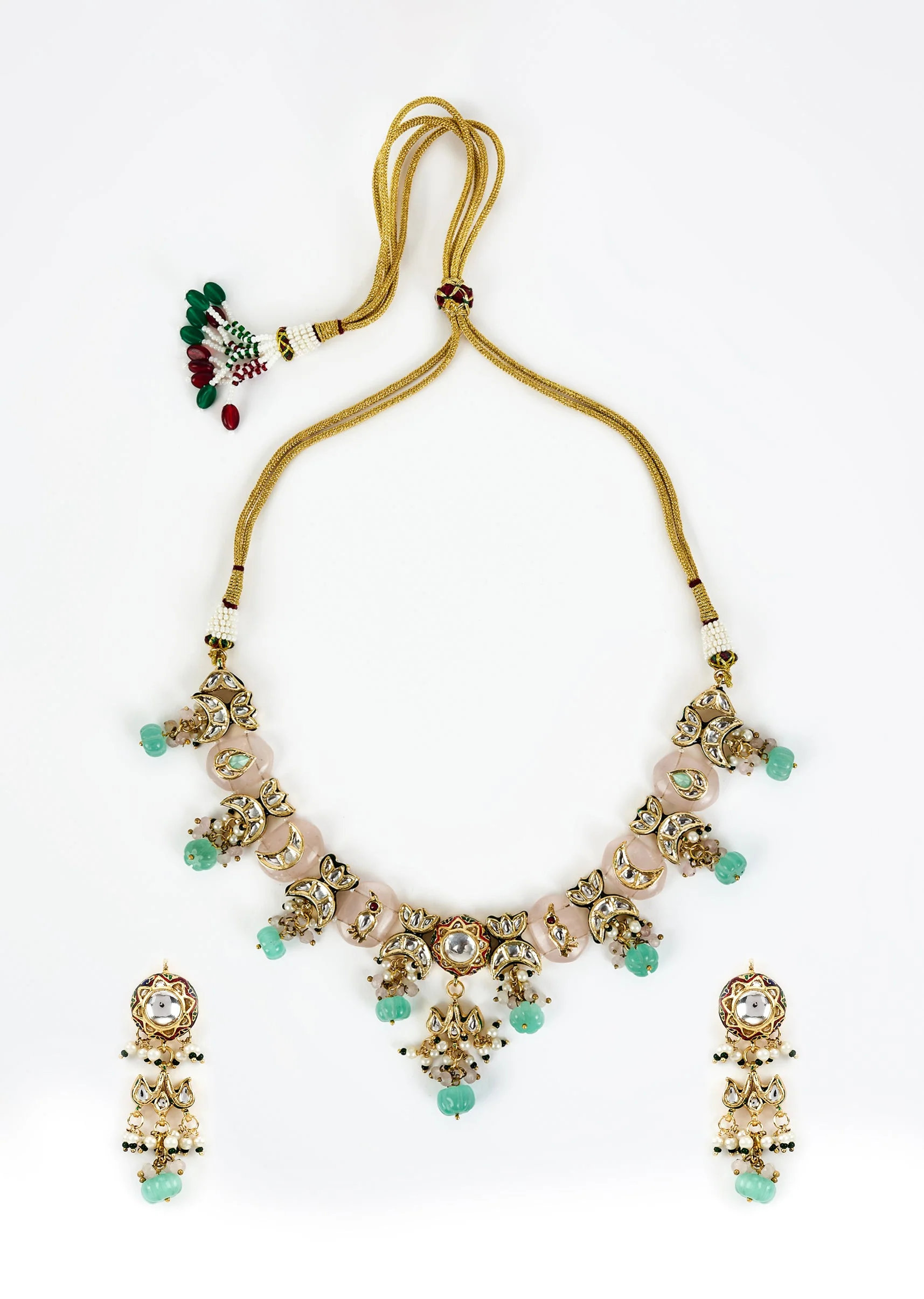 Gold Plated Floral Motif Mint Green Beaded Necklace Set - Image 2