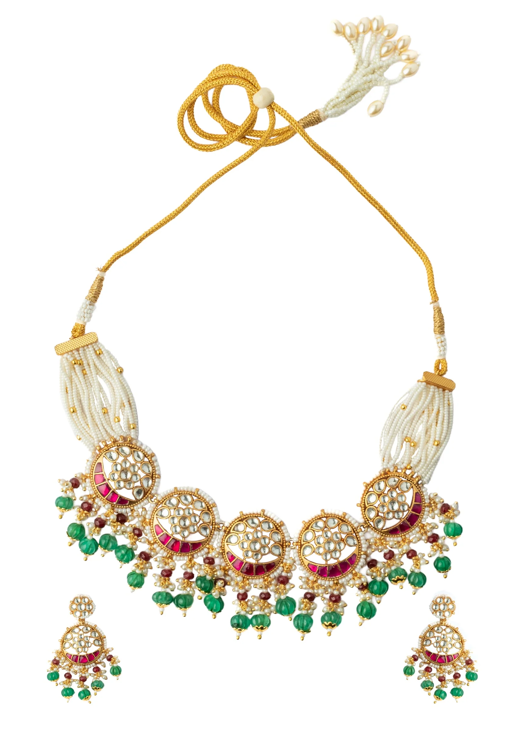 Gold Plated Green And Pink Gemstones Kundan Polki Necklace Set With Earrings - Image 2
