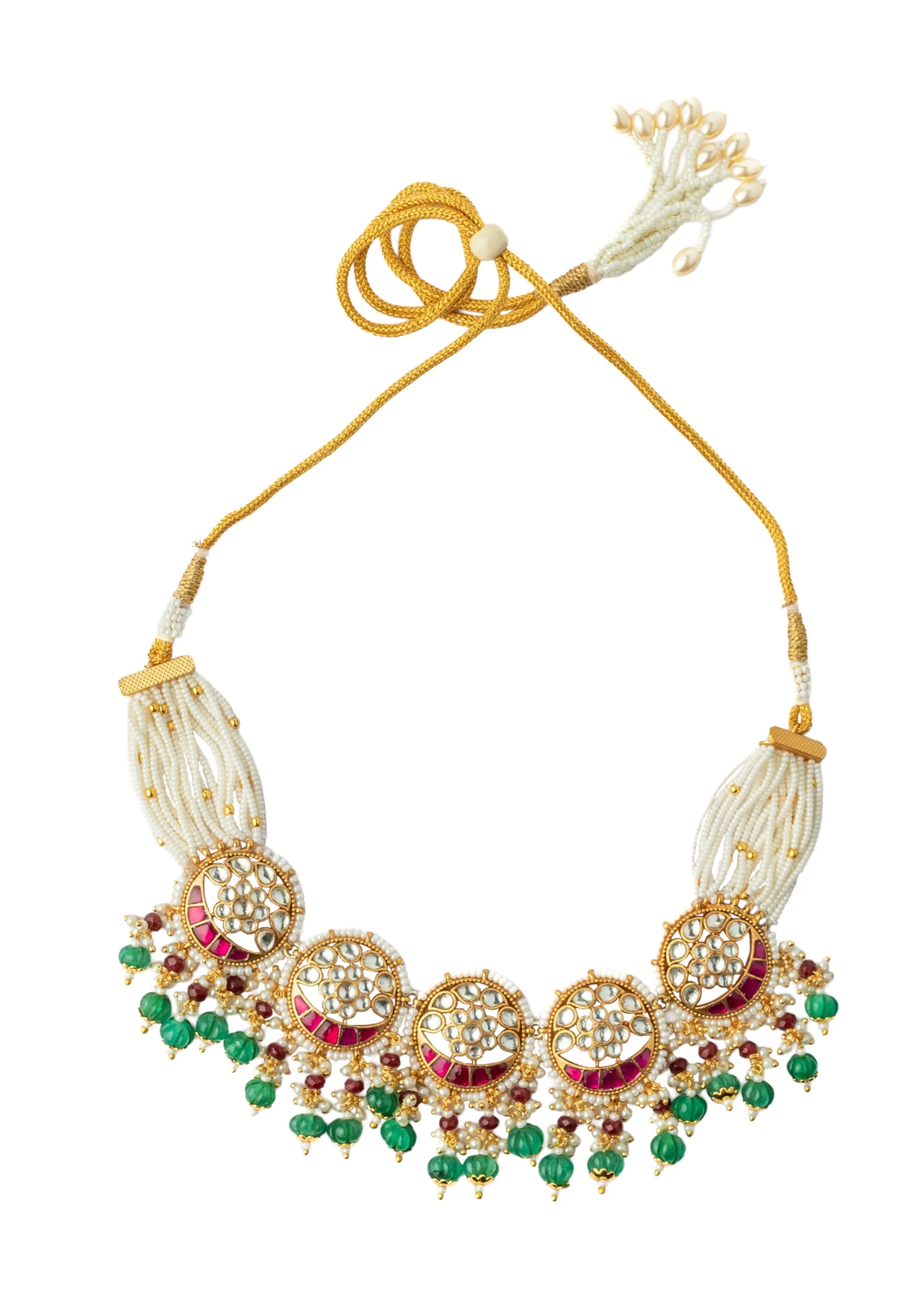 Gold Plated Green And Pink Gemstones Kundan Polki Necklace Set With Earrings - Image 3