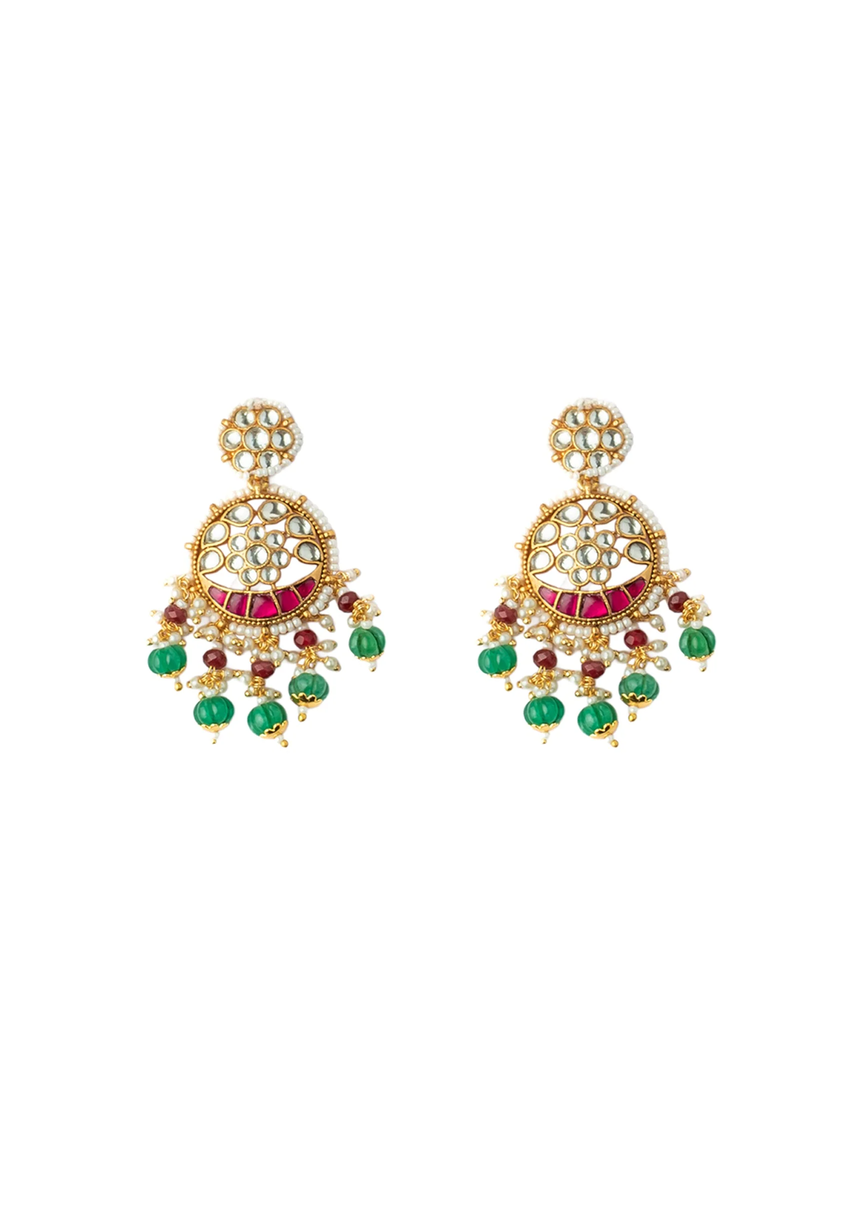 Gold Plated Green And Pink Gemstones Kundan Polki Necklace Set With Earrings - Image 4