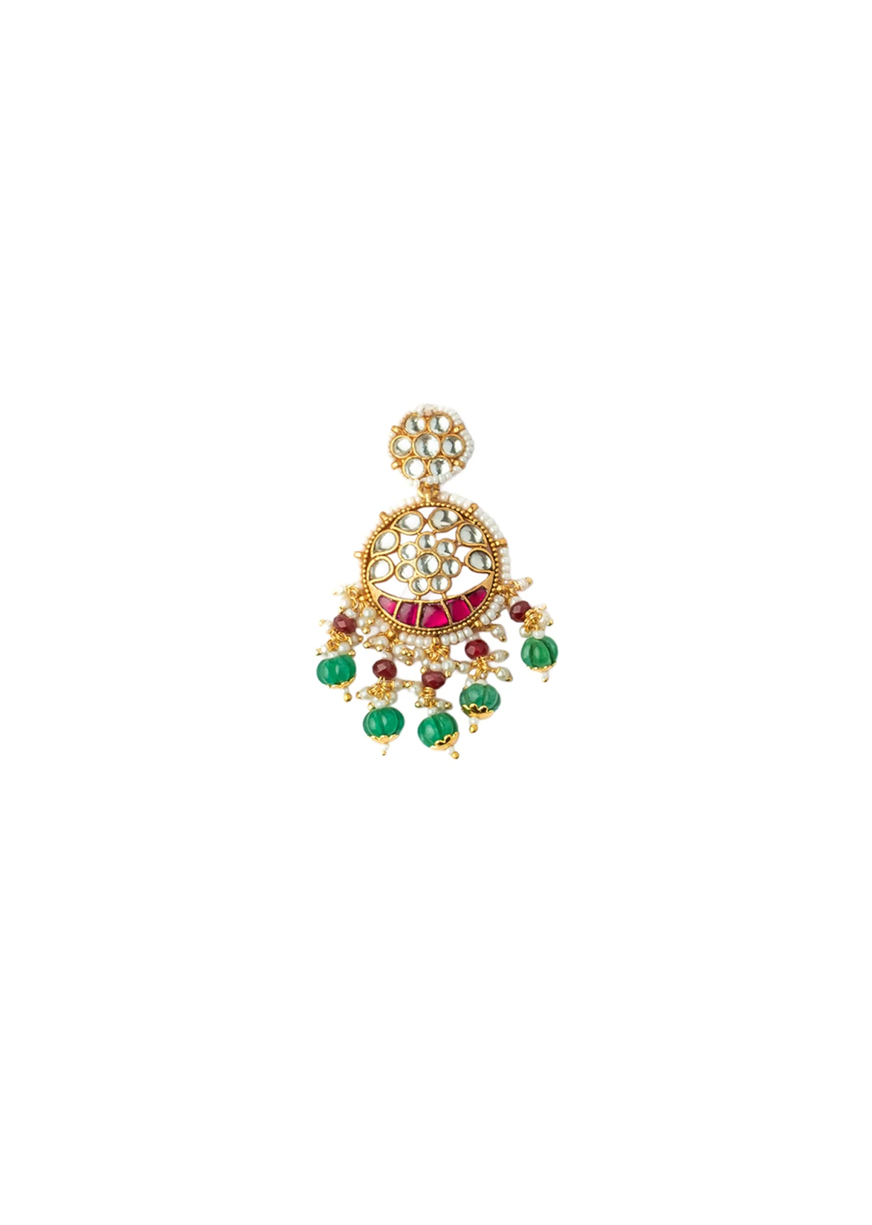 Gold Plated Green And Pink Gemstones Kundan Polki Necklace Set With Earrings - Image 5