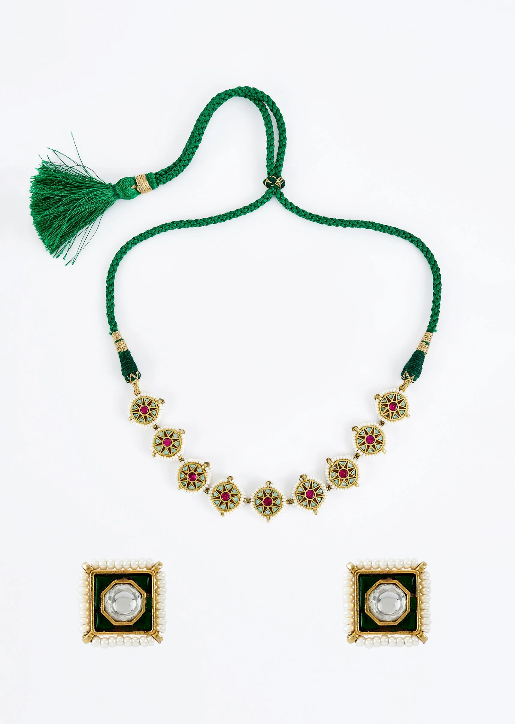 Gold Plated Green And Pink Kundan Polki Choker Necklace Set With 2 Earrings - Image 2