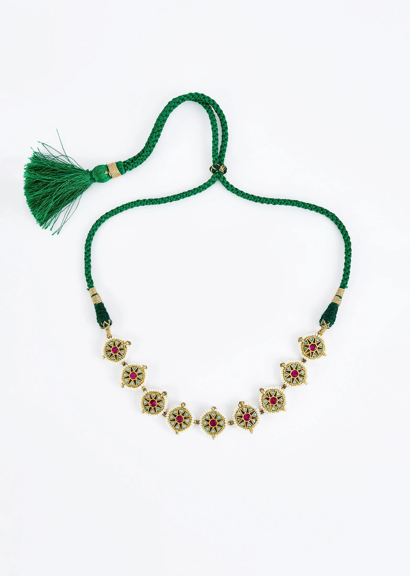 Gold Plated Green And Pink Kundan Polki Choker Necklace Set With 2 Earrings - Image 3