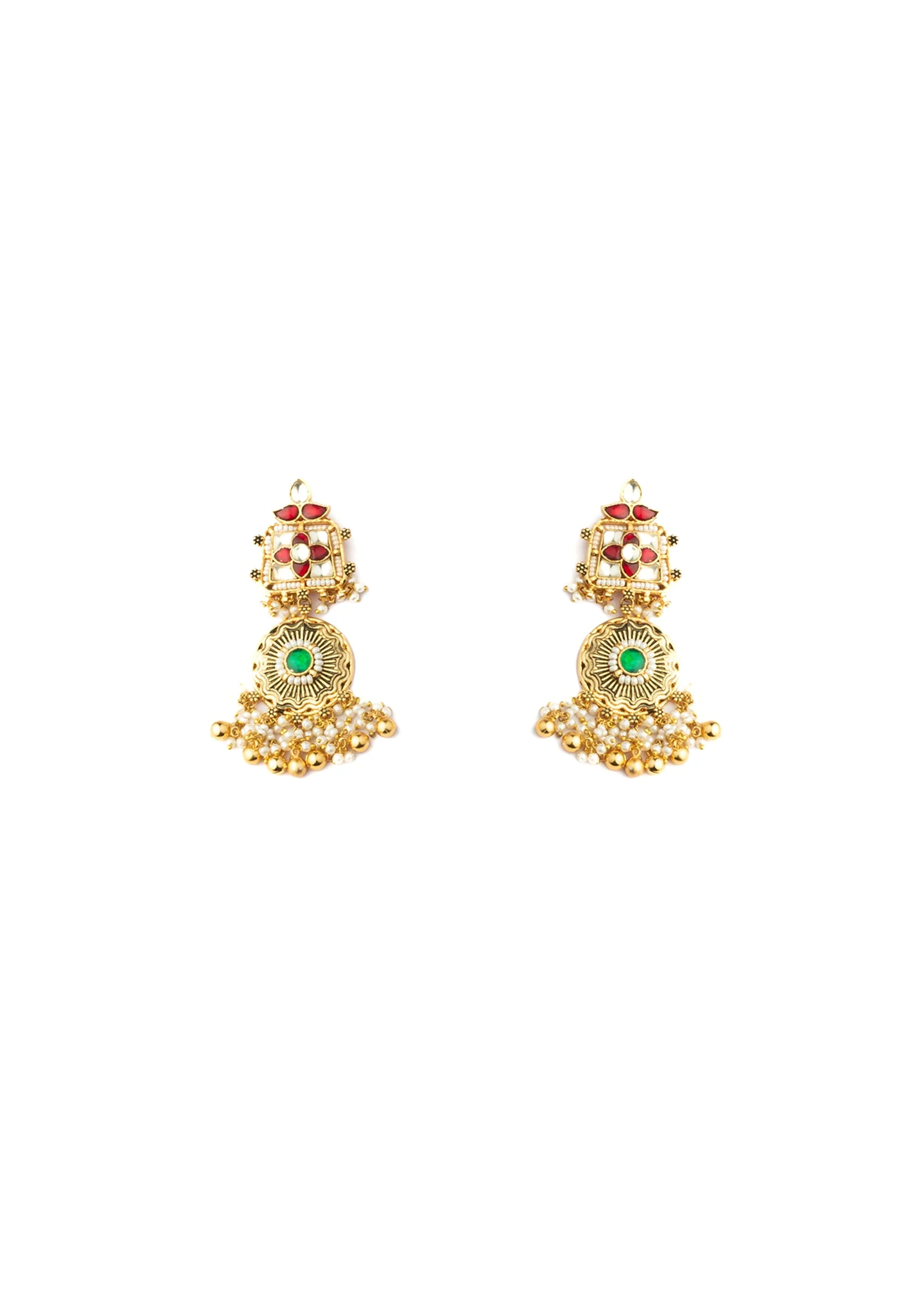 Gold Plated Green And Red Gemstones With Dangling Embellished Necklace Set With Earrings - Image 3