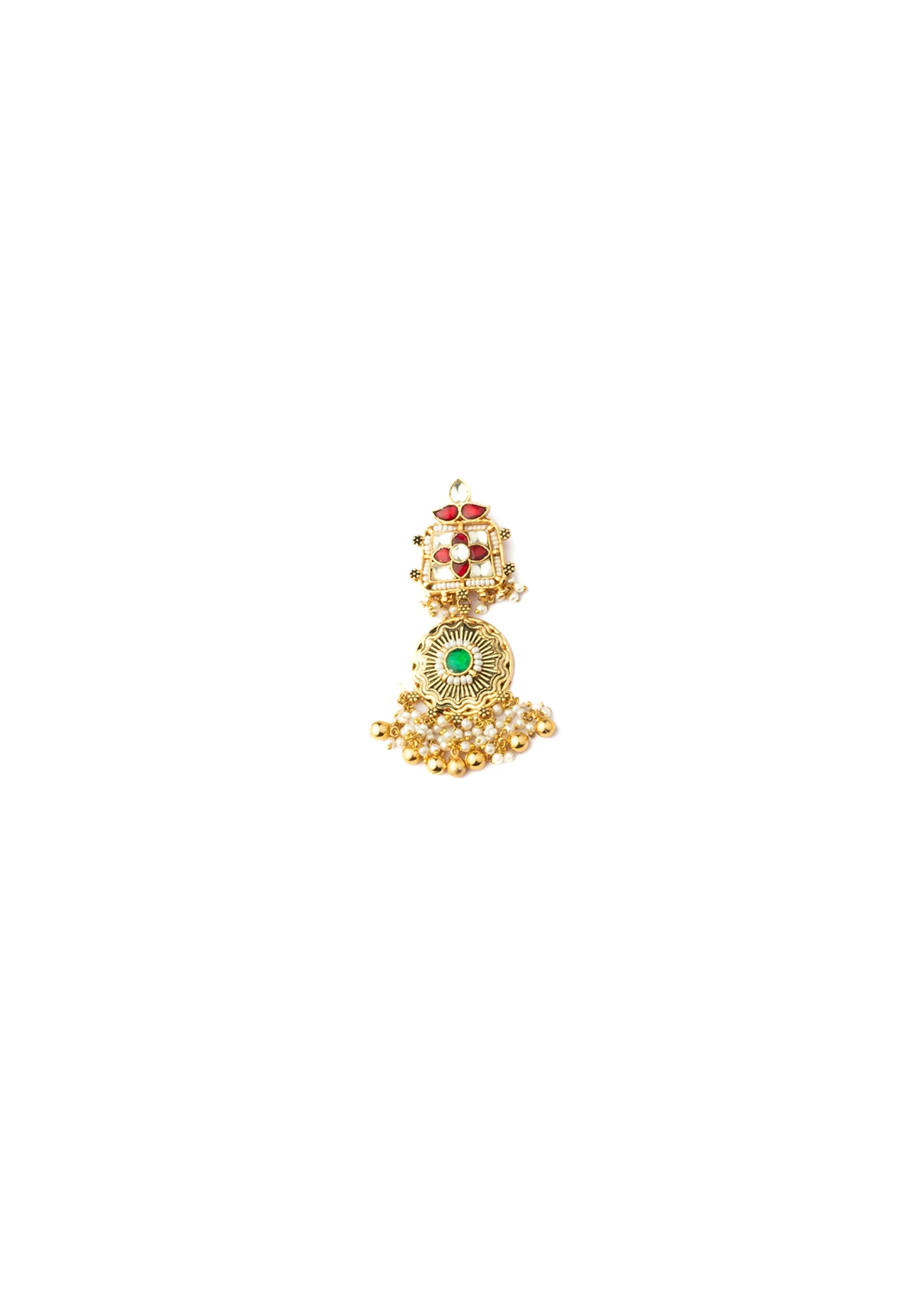 Gold Plated Green And Red Gemstones With Dangling Embellished Necklace Set With Earrings - Image 4