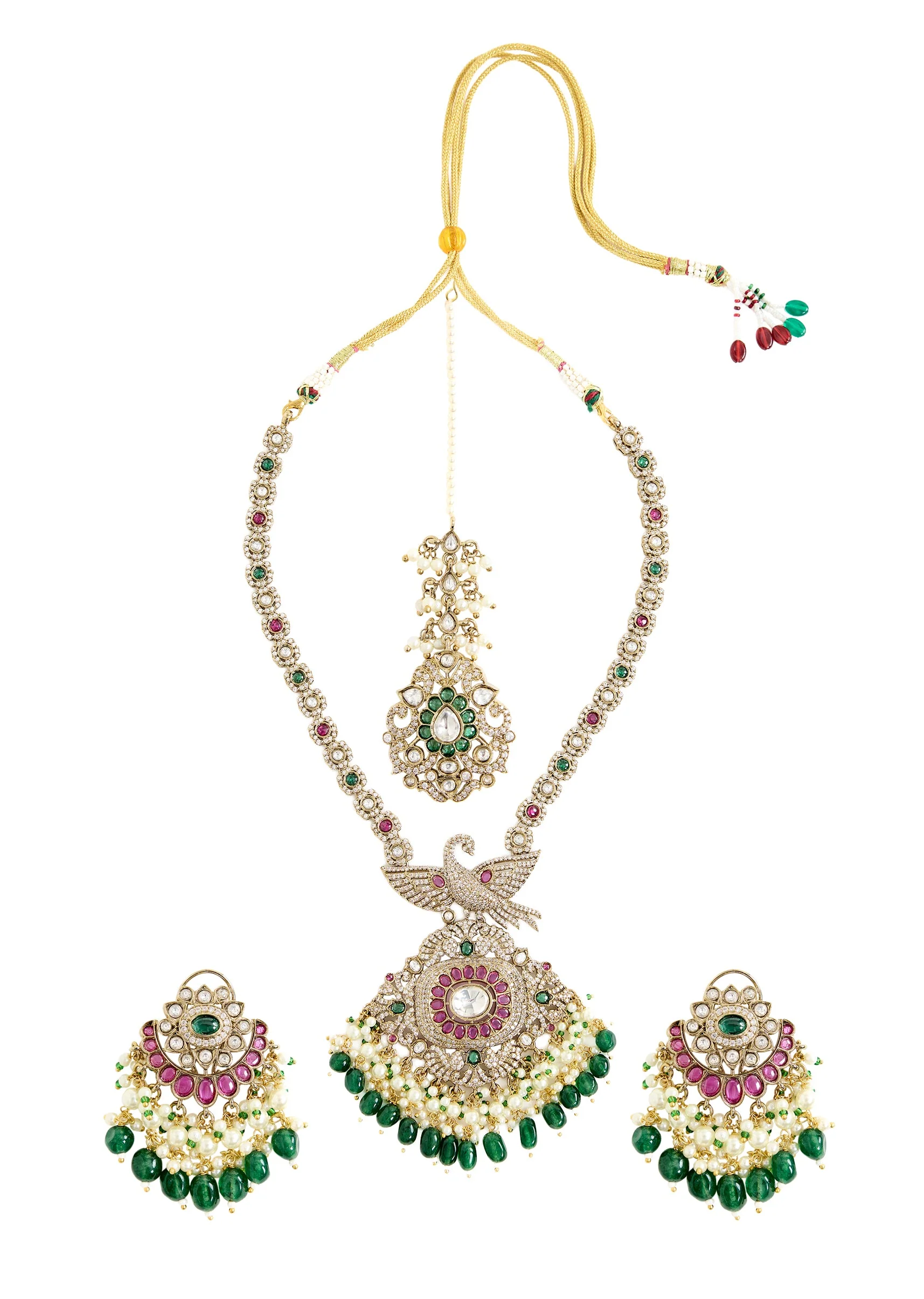 Gold Plated Green And White Stone Long Necklace Set