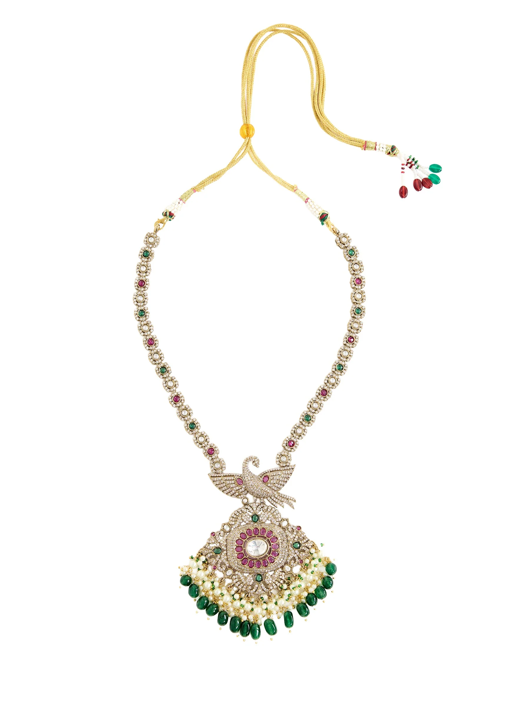 Gold Plated Green And White Stone Long Necklace Set - Image 2