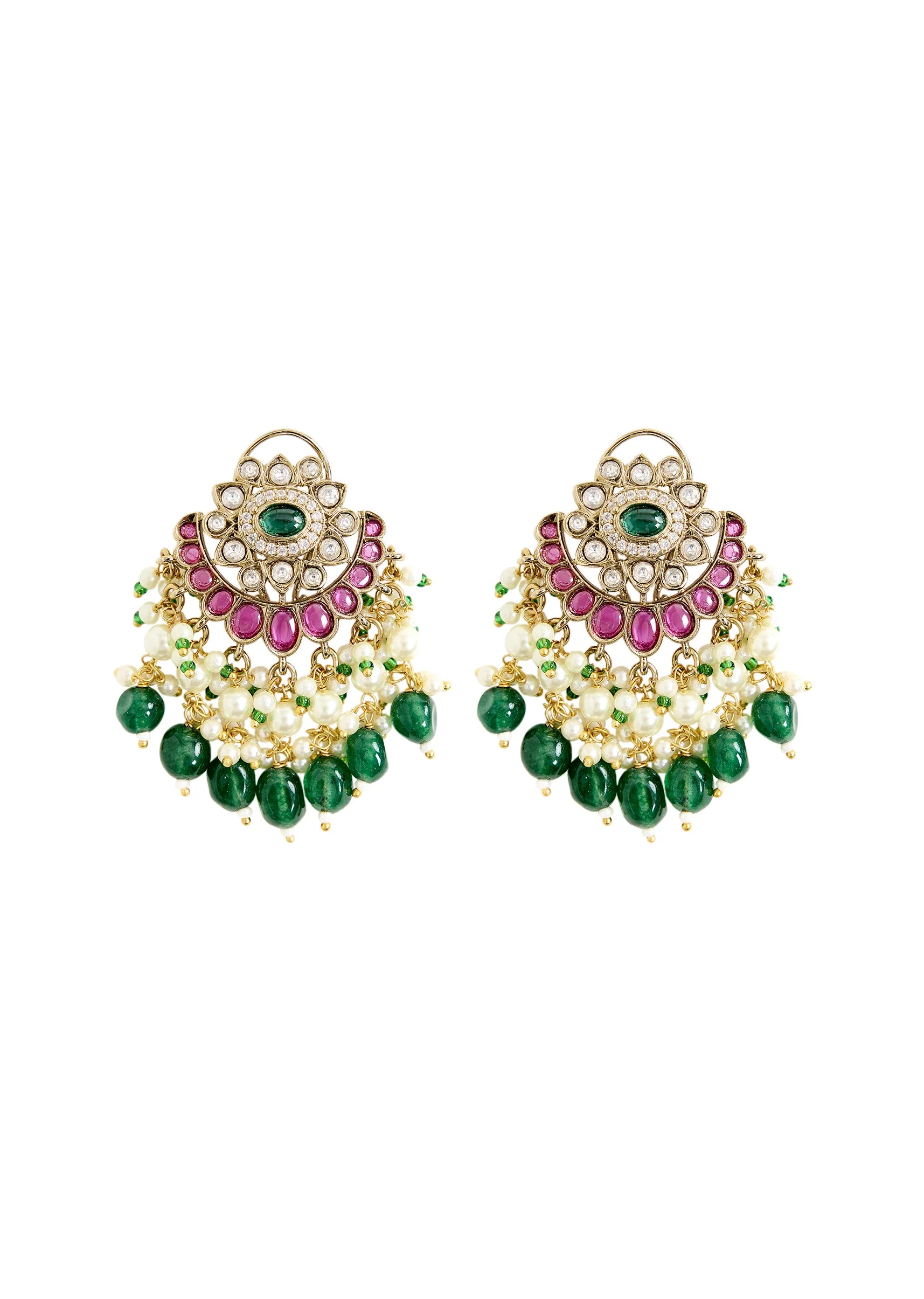 Gold Plated Green And White Stone Long Necklace Set - Image 3